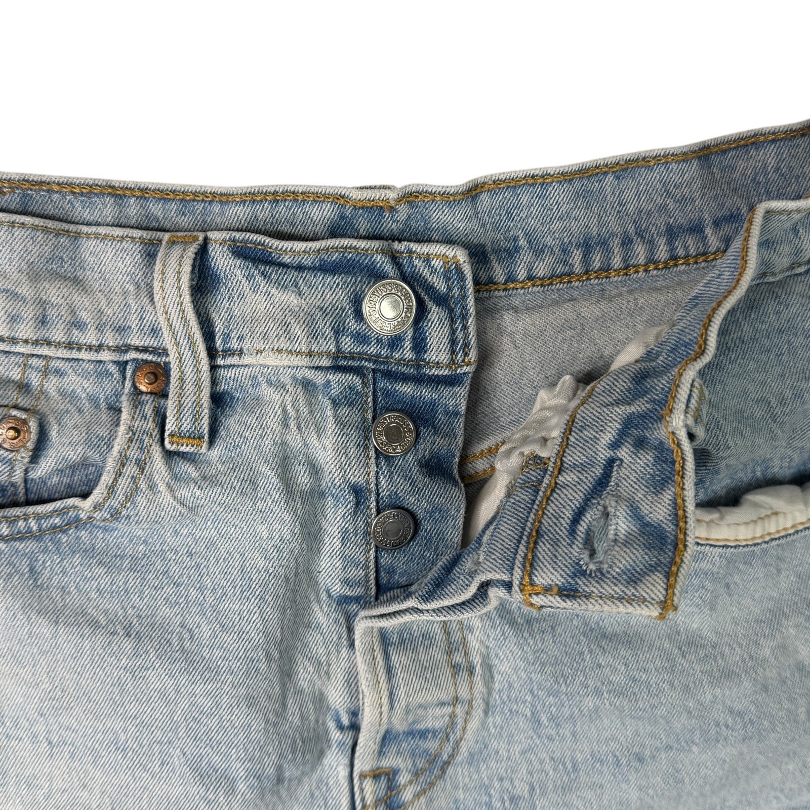 Levis 501 Cut Off Jean Shorts FLAW Distressed Denim High Rise Light Wash 27