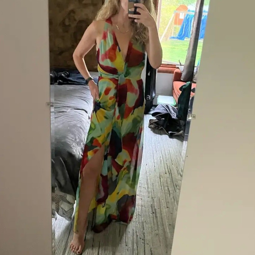 Ralph Lauren Rainbow Watercolor Chiffon Gown SIZE 14 Plunging Maxi Designer $265