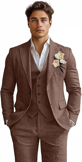 Linen Mens Suits 3 Piece Slim Fit Tuxedo Suit for Men Beach Wedding Formal Coat
