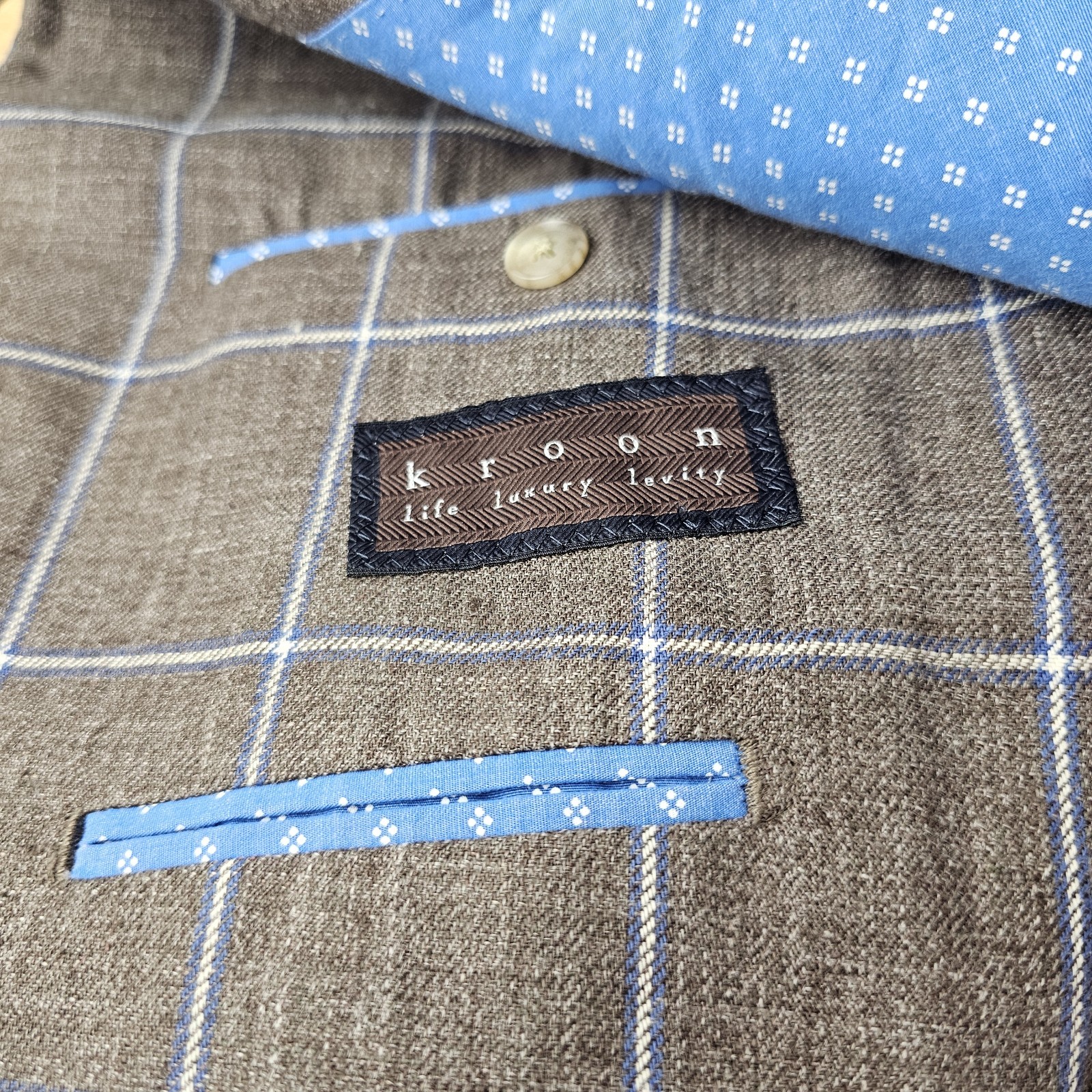Kroon Blazer Jacket Linen Edge Mens 42L Windowpane Elbow Patches Unstructured