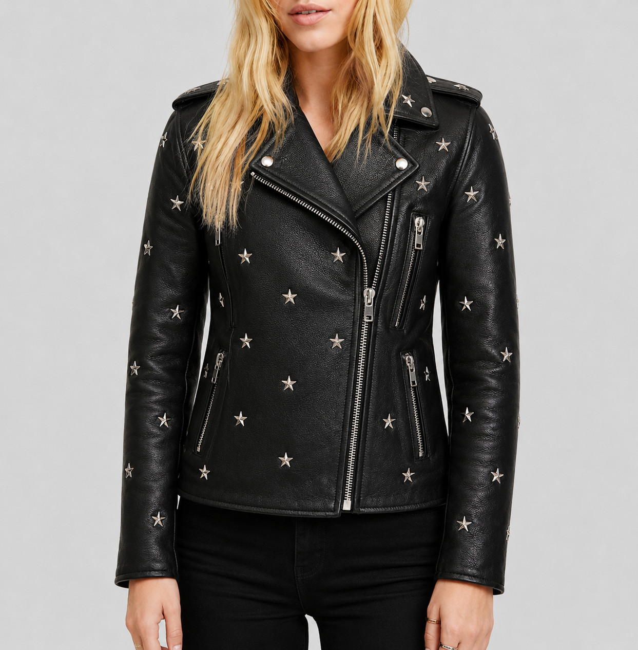 Women Handmade Black Leather Biker Jacket – Star Studded Moto Punk Rock Zip Coat