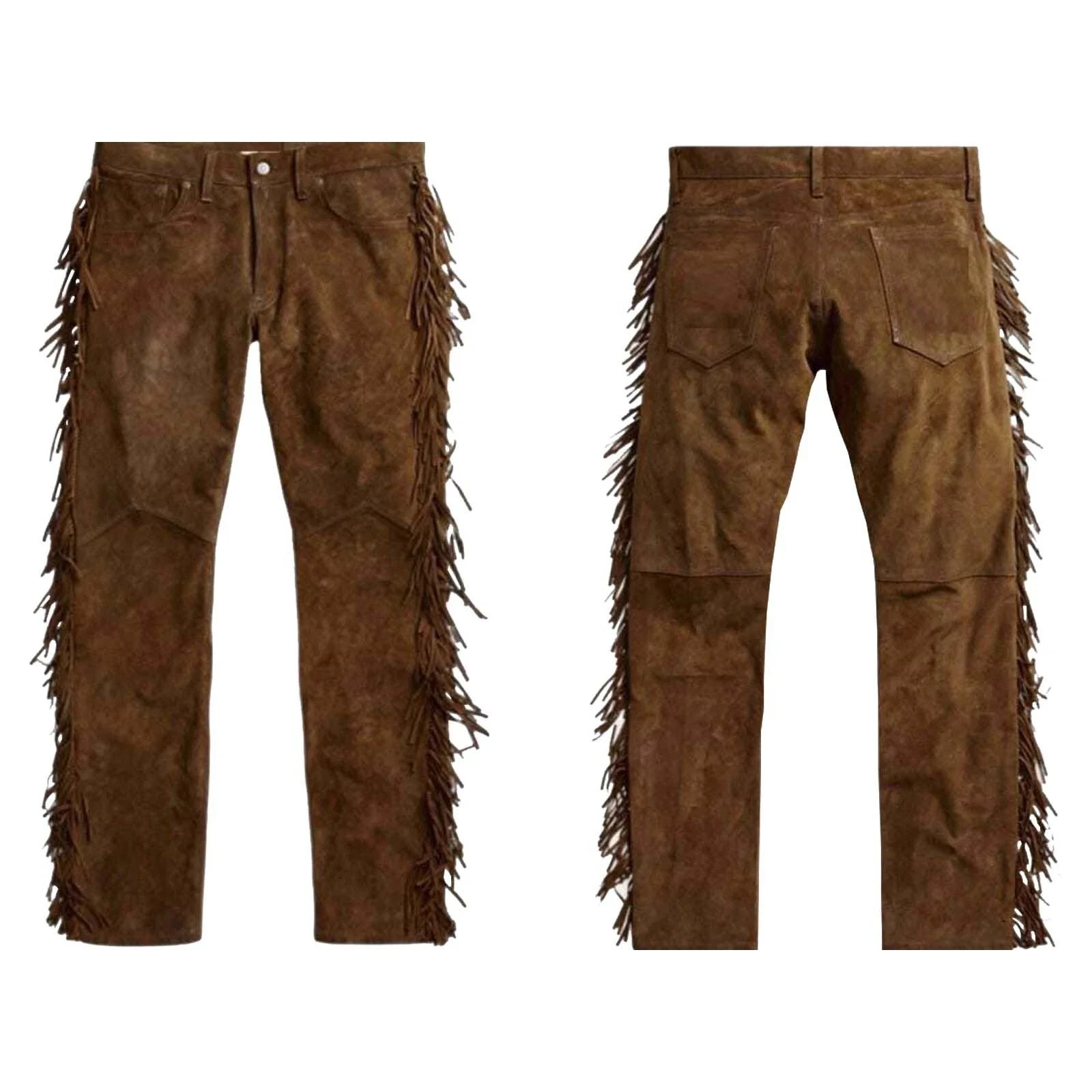 Men’s Western Cowboy Suede Leather Fringe Pants – Brown Cowhide Jeans Style