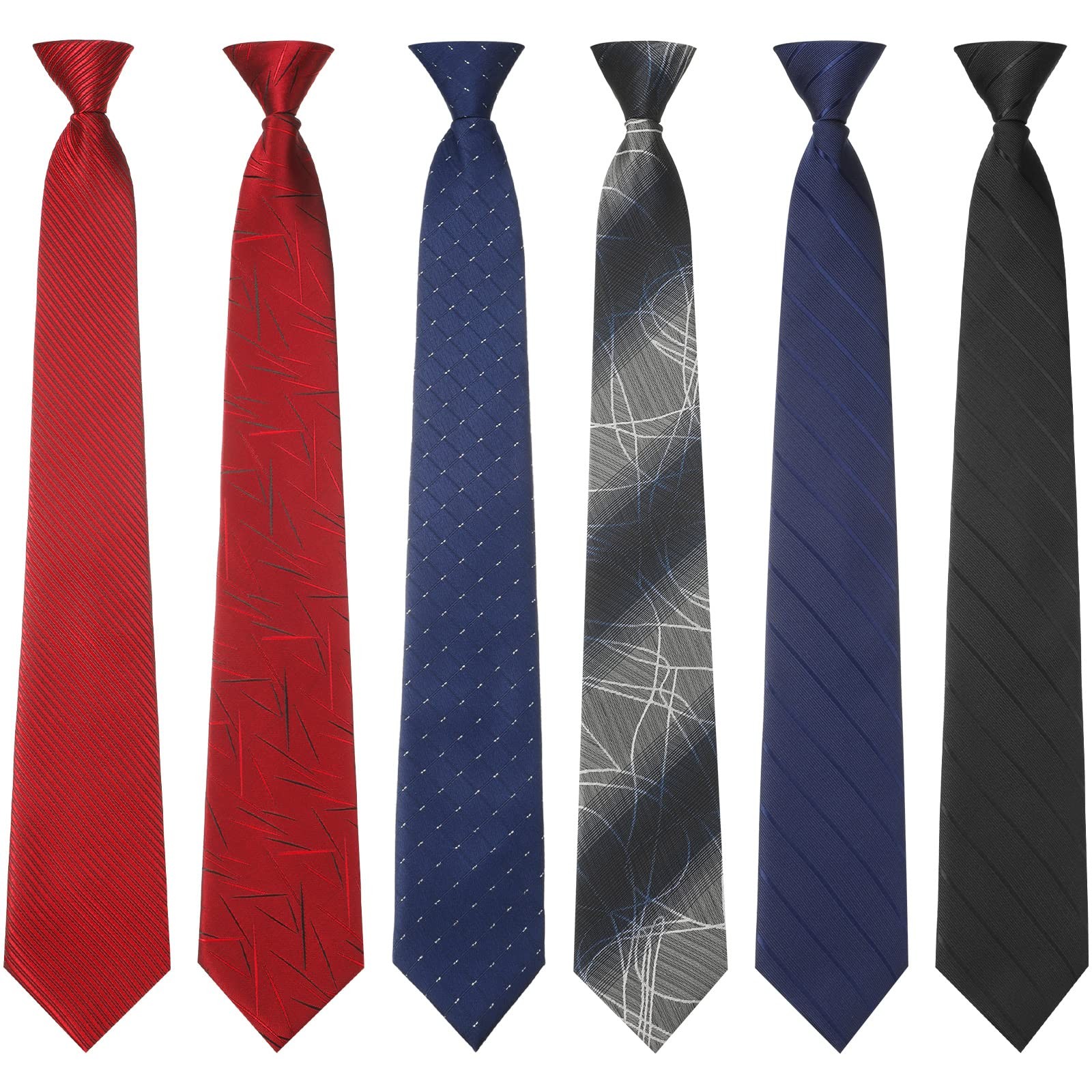 6 Pcs Clip-On Ties for Men, Striped Solid Plaid Dots, 20 Inch