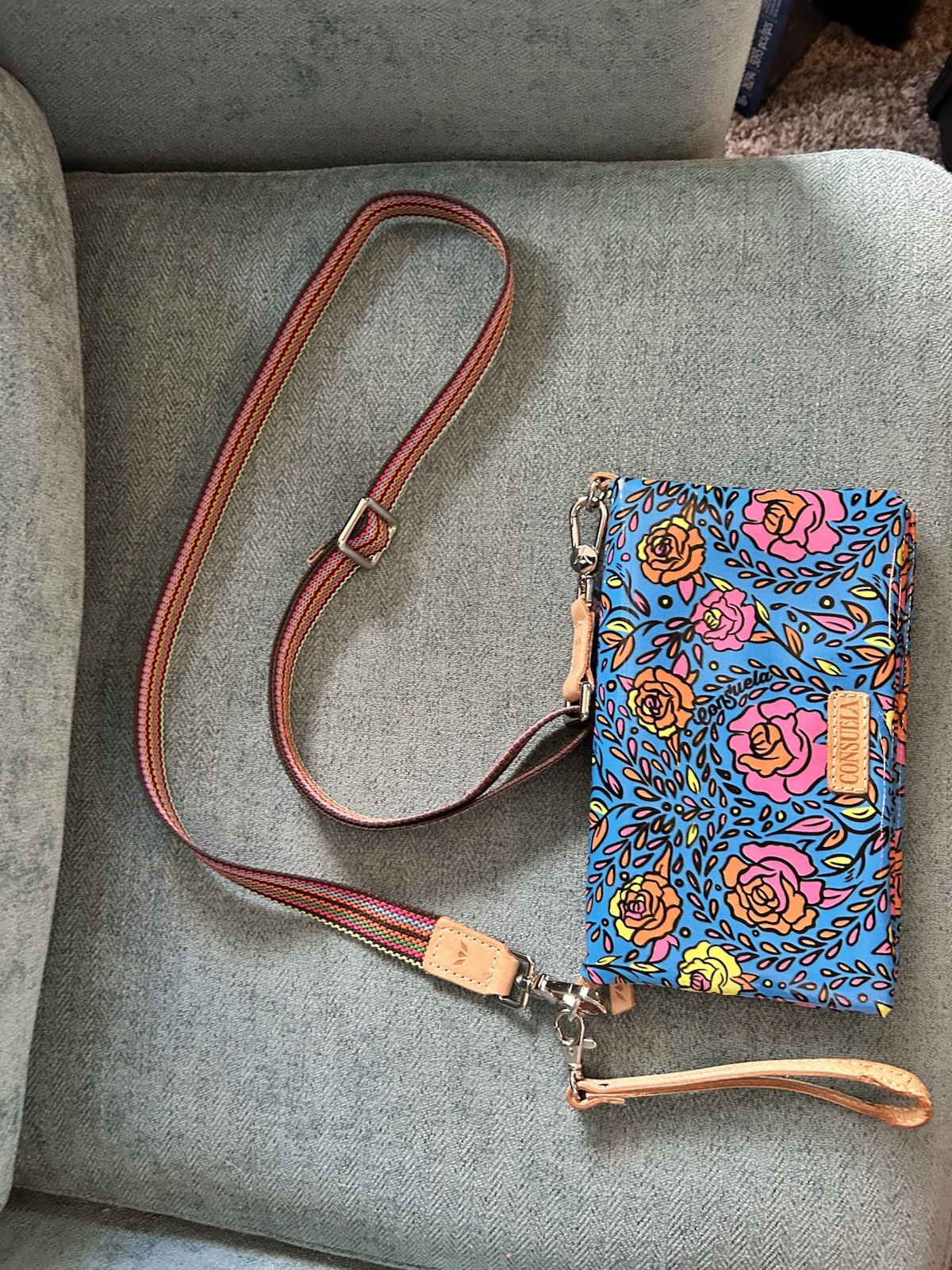 Consuela Blue Floral Crossbody Wristlet Wallet, Zip Closure, Card Slots