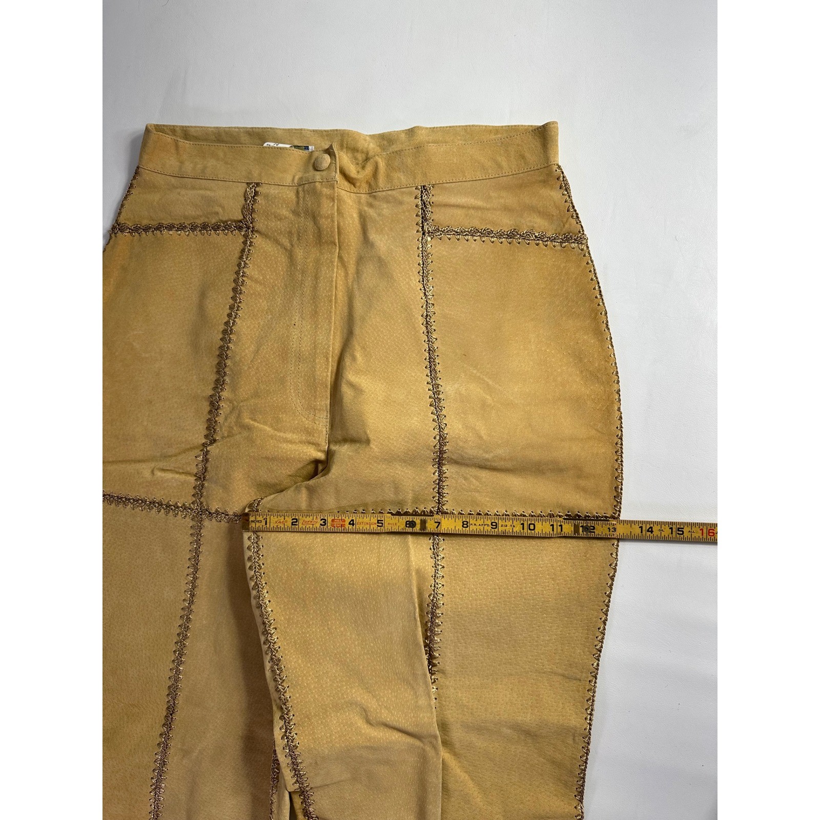 SMH Vintage Y2K Sz 14 30″ Waist Suede Patchwork Western Leather Pants Boho Flare