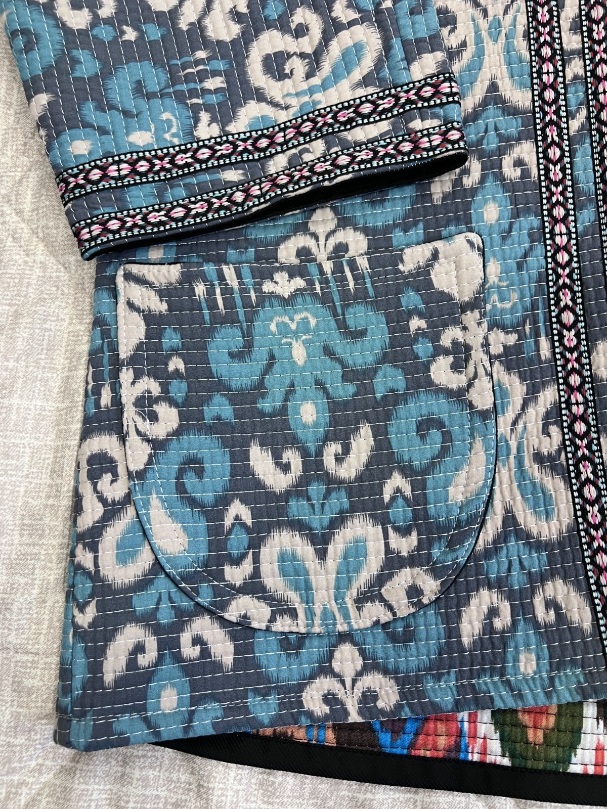 Handmade Reversible Women’s Boho Open Front Cardigan Blue Tribal Print Pockets