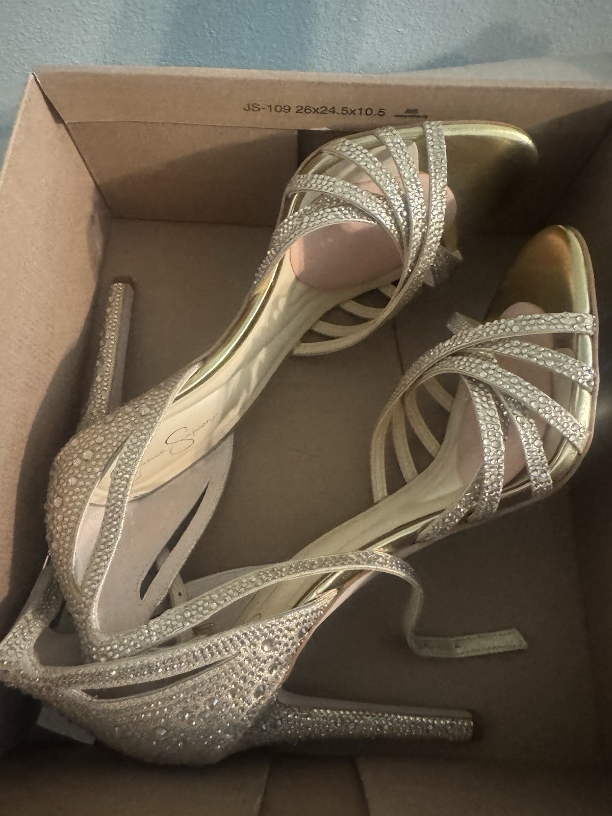 Jessica Simpson Women’s Gold Rhinestone Strappy Open Toe Stiletto Heels 9