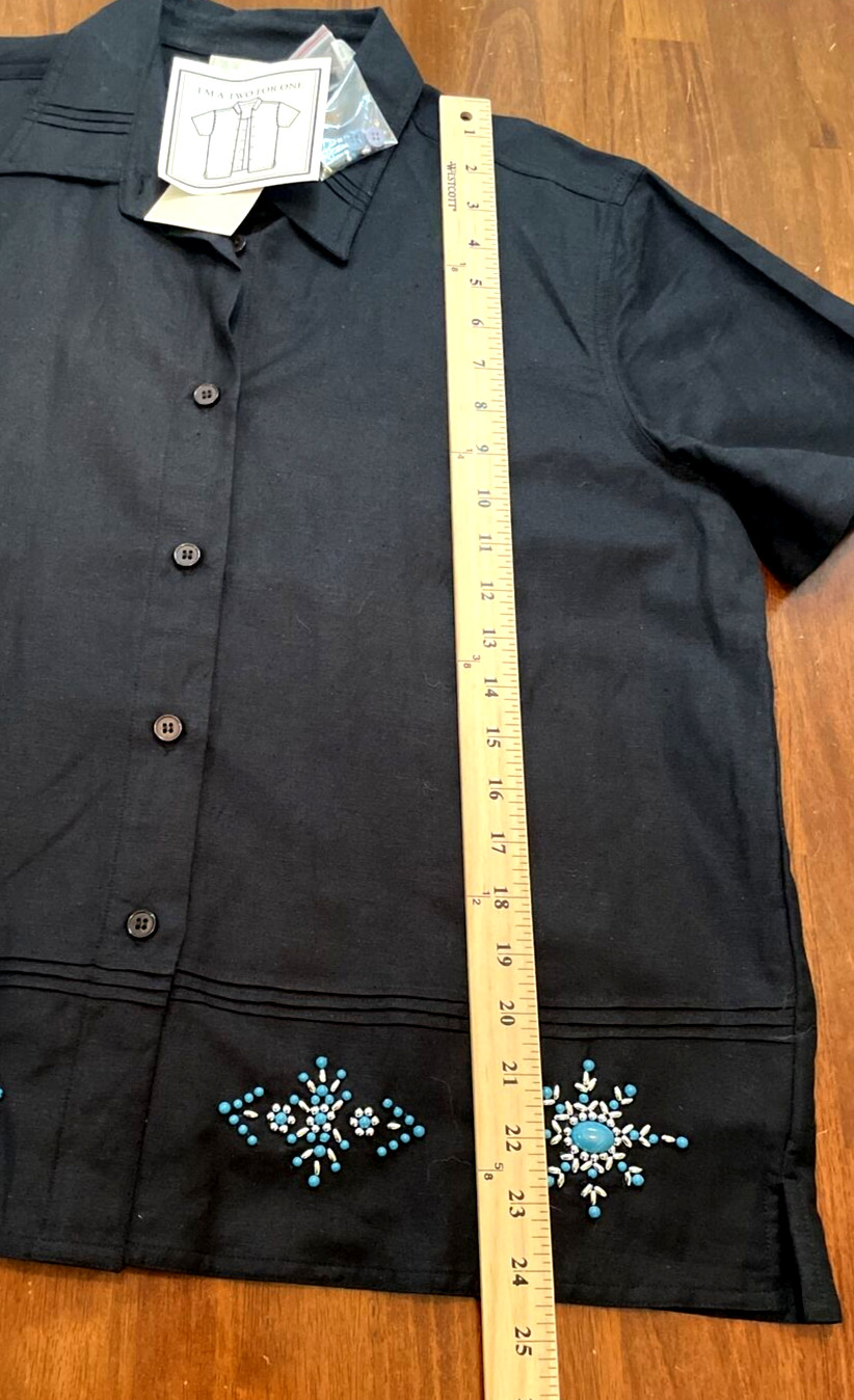 NWT Lemon Grass Womens 2 For 1 Blouse Black Turquoise Short Sleeve Embellished L