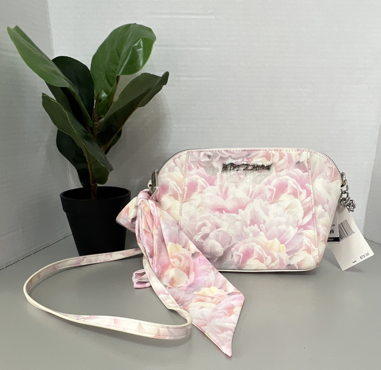 Betsey Johnson Pink Floral Crossbody Bag Chain Accent Detachable Strap Zip