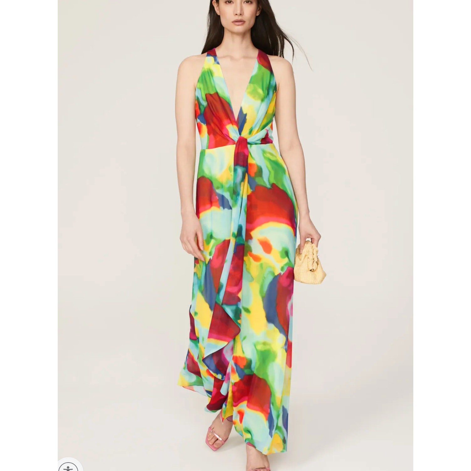 Ralph Lauren Rainbow Watercolor Chiffon Gown SIZE 14 Plunging Maxi Designer $265