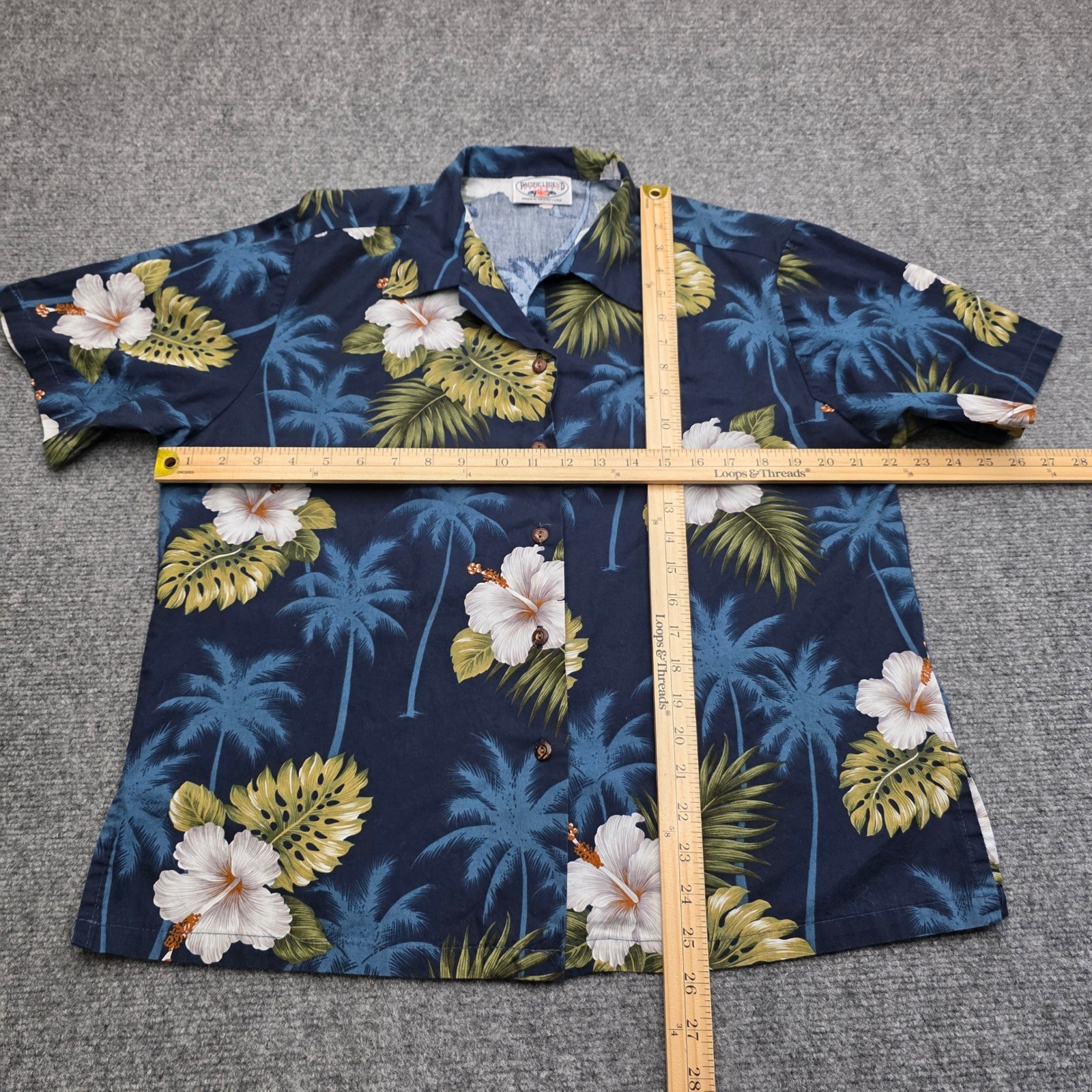 Men’s Large Pacific Legend Hawaiian Shirt Blue Hibiscus Palm Tree Aloha Made In