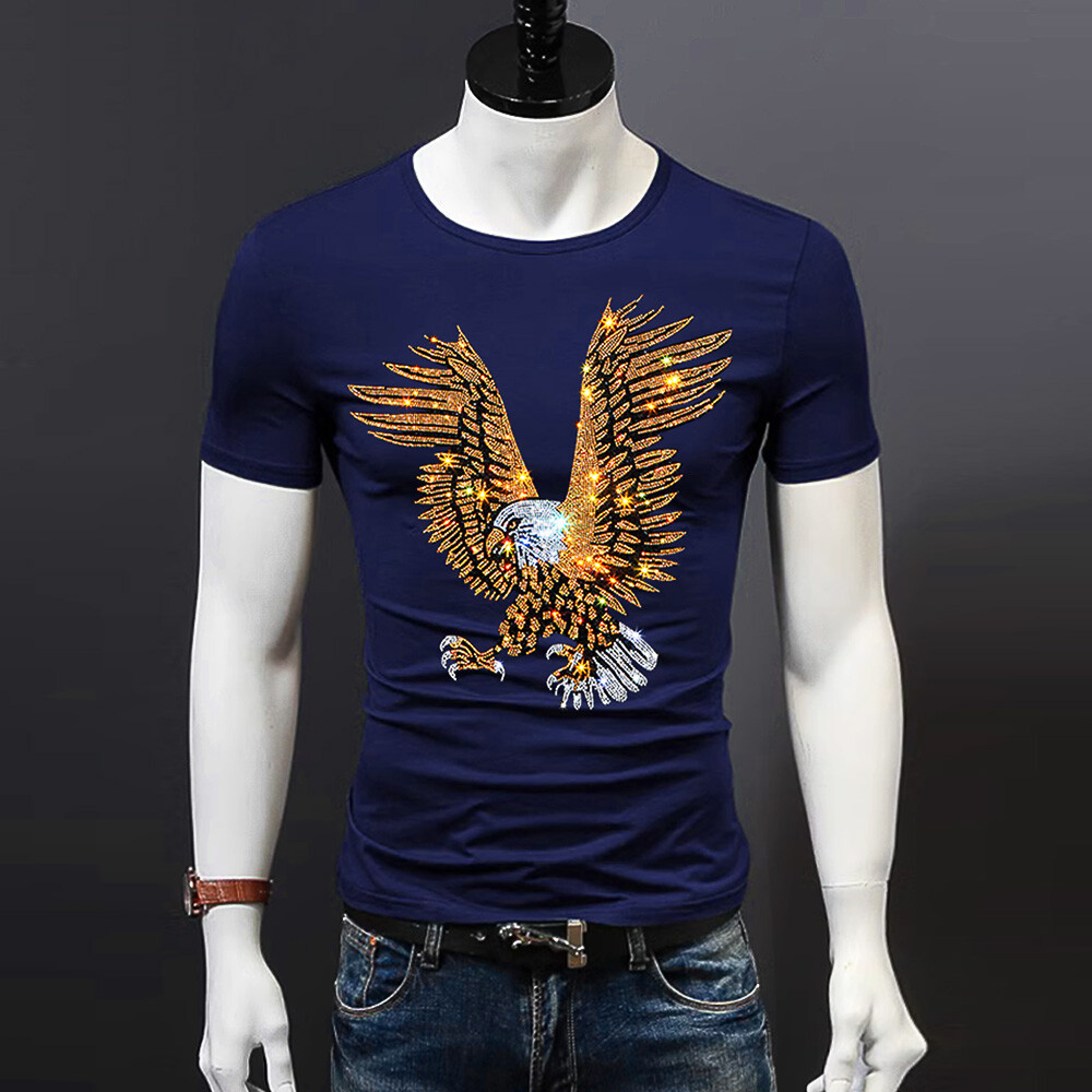 Men Fashion Diamonds T-Shirt Hawk Eagle 3D Rhinestones Hot Drill Short Sleeve