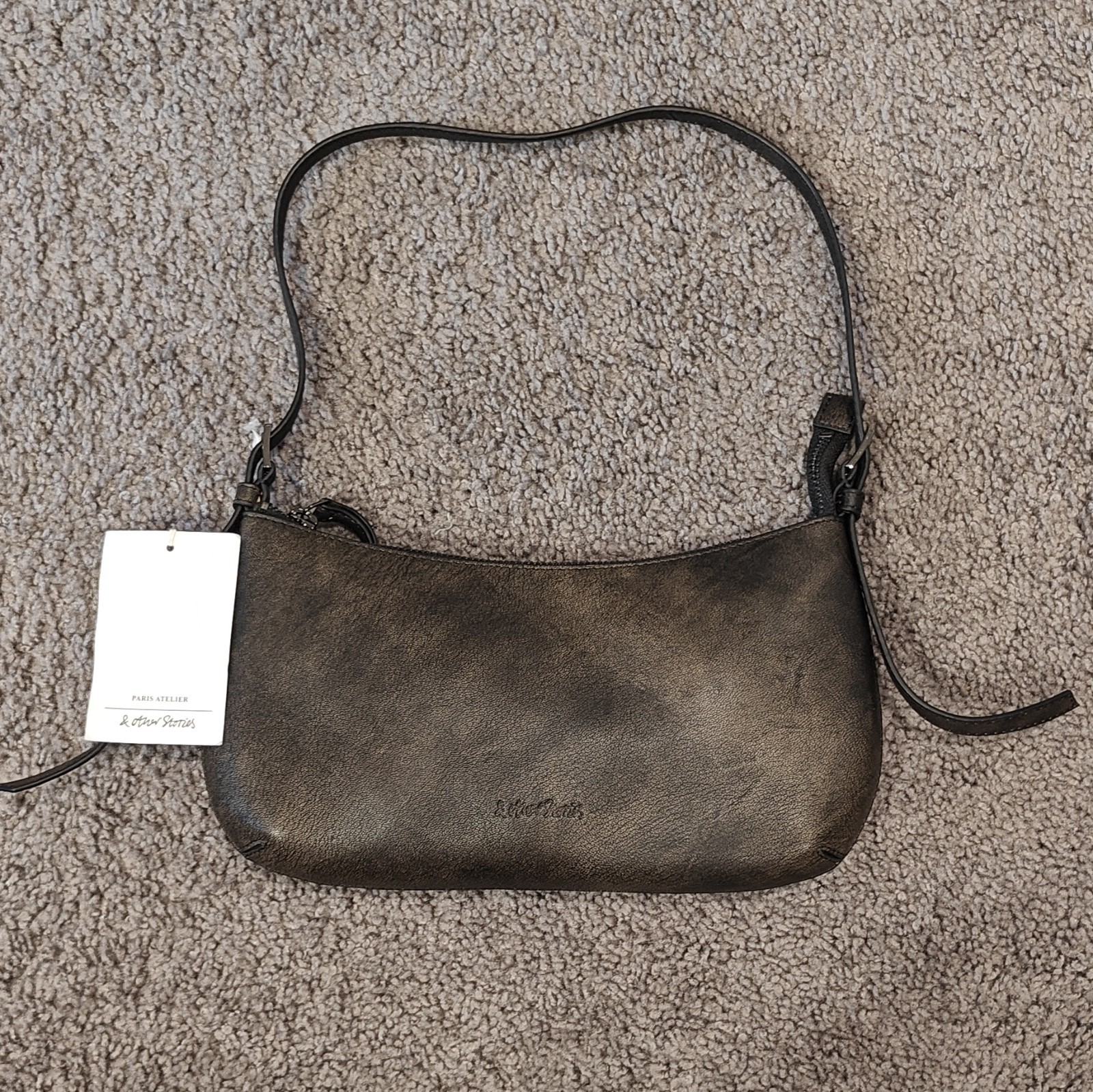 & Other Stories Brown Shoulder Bag Zip Top Logo Accents Black Shoulder Strap