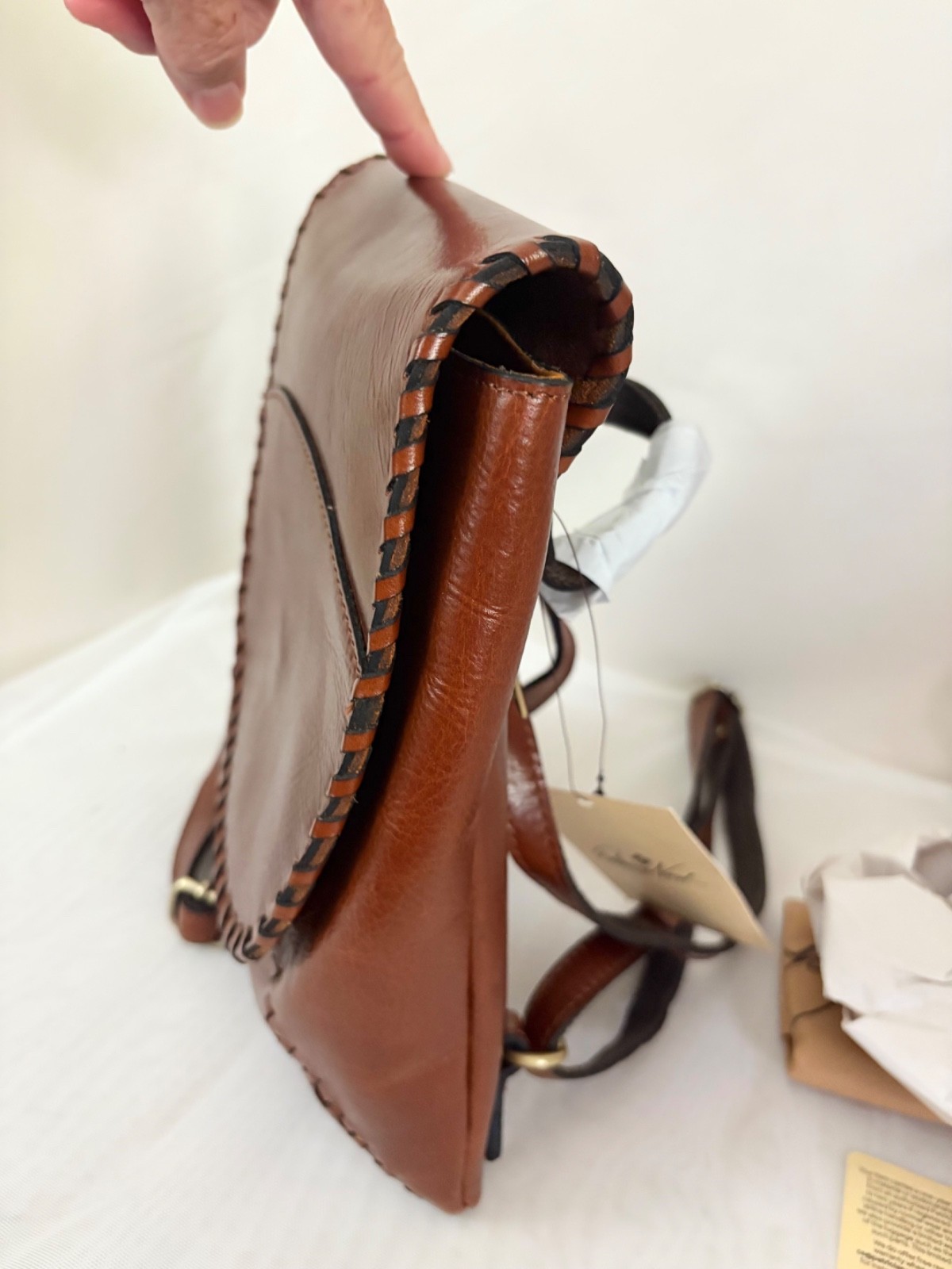 Patricia Nash Leather Backpack KIMINA Cognac Whip Stitching Flap Top Handle NWT