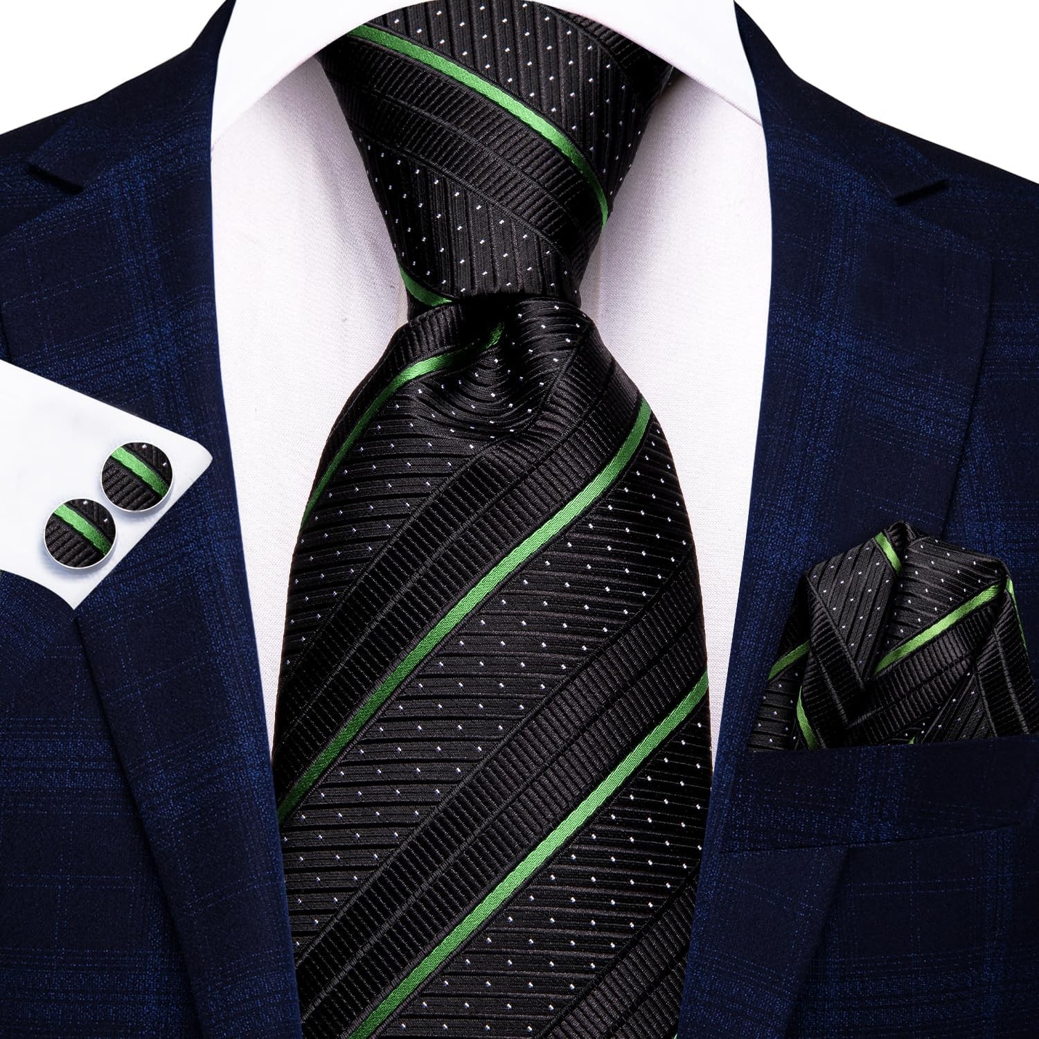 Hi-Tie Silk Ties for Men Plaid Paisley Striped Necktie Pocket Black Green