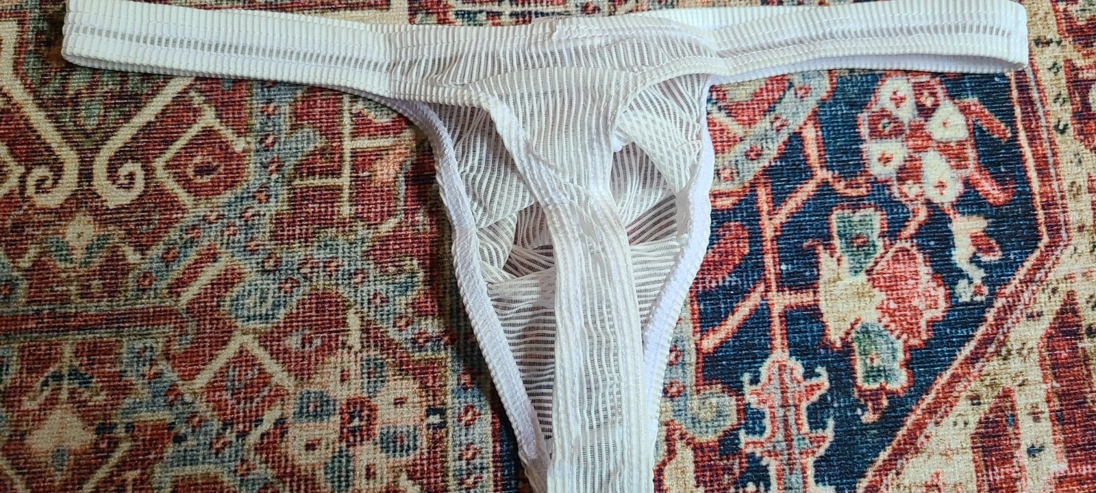 MENS SEE-THRU MESH STRIPED THONG-WHITE (MEDIUM 30-34)