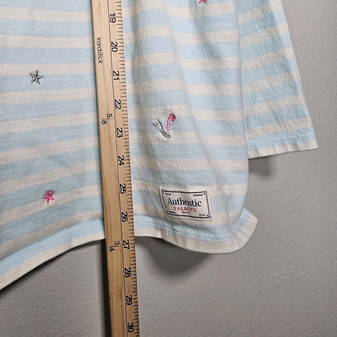 Talbots Womens 2X Ice Skating Embroidered Blue White Striped Shirt Novelty Top
