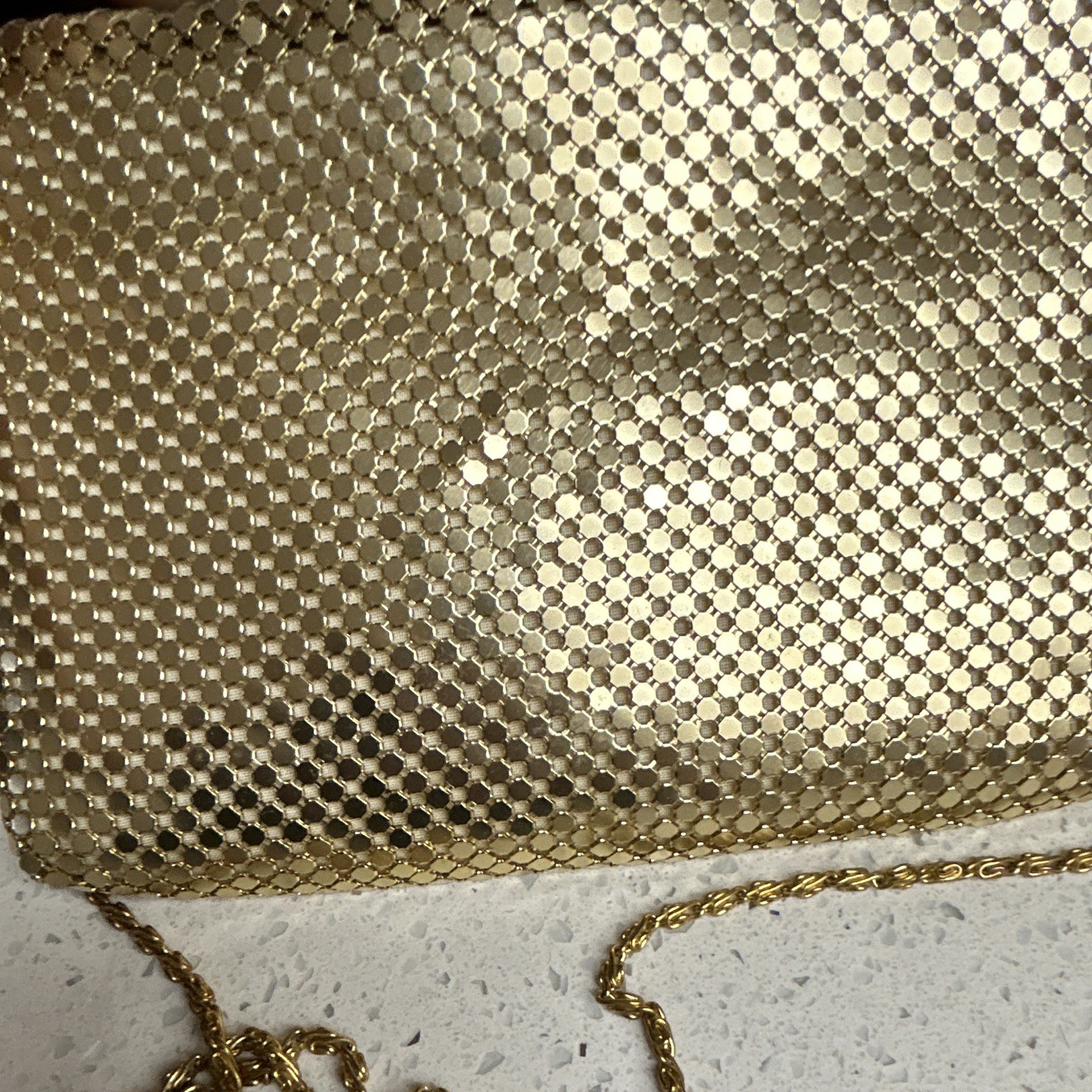 Gold Metallic Crossbody Bag Zip Closure Chain Strap Ivory Lined Inner Pockets