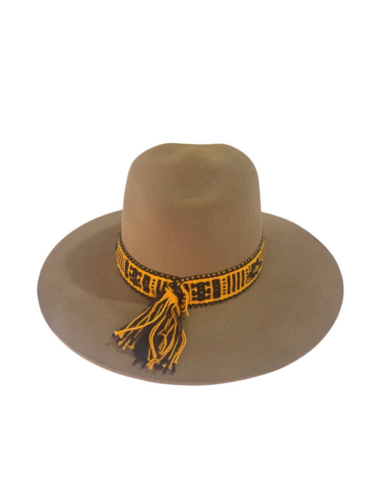LELÚ Wide Brim Fedora Hat Solid Brown Yellow/Black Band Tassel Unisex 57