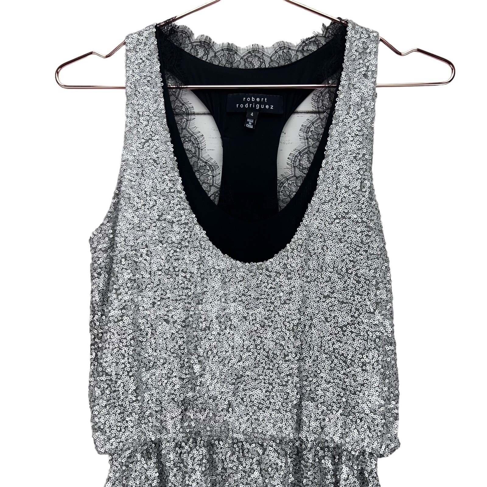 Robert Rodriguez Cocktail Silver Sequin Party Dress Size 4 Silk Sleeveless Mini
