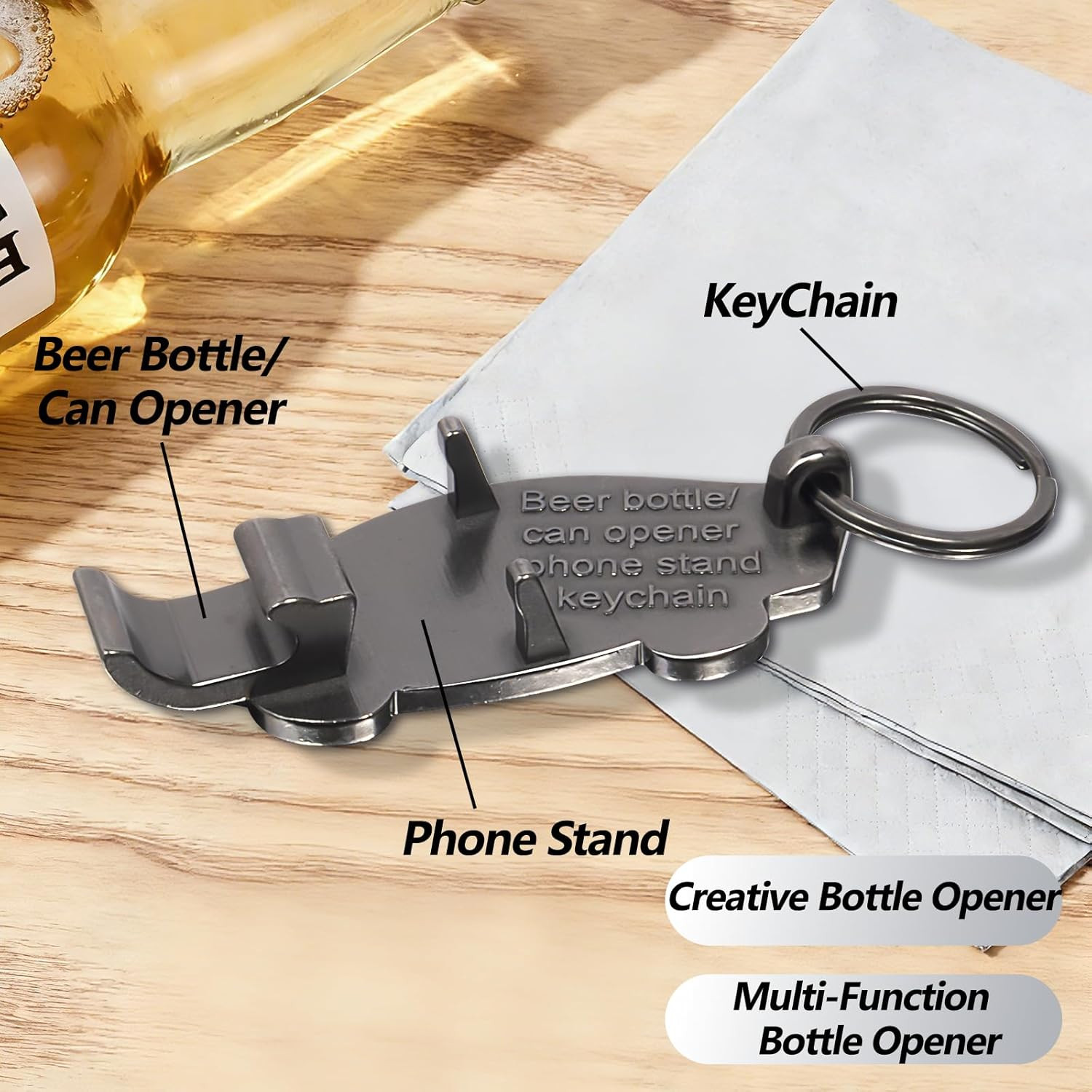 Multi-Functional Keychain & Phone Stand. Opens Beer Bottle and Can Lids. Built-I