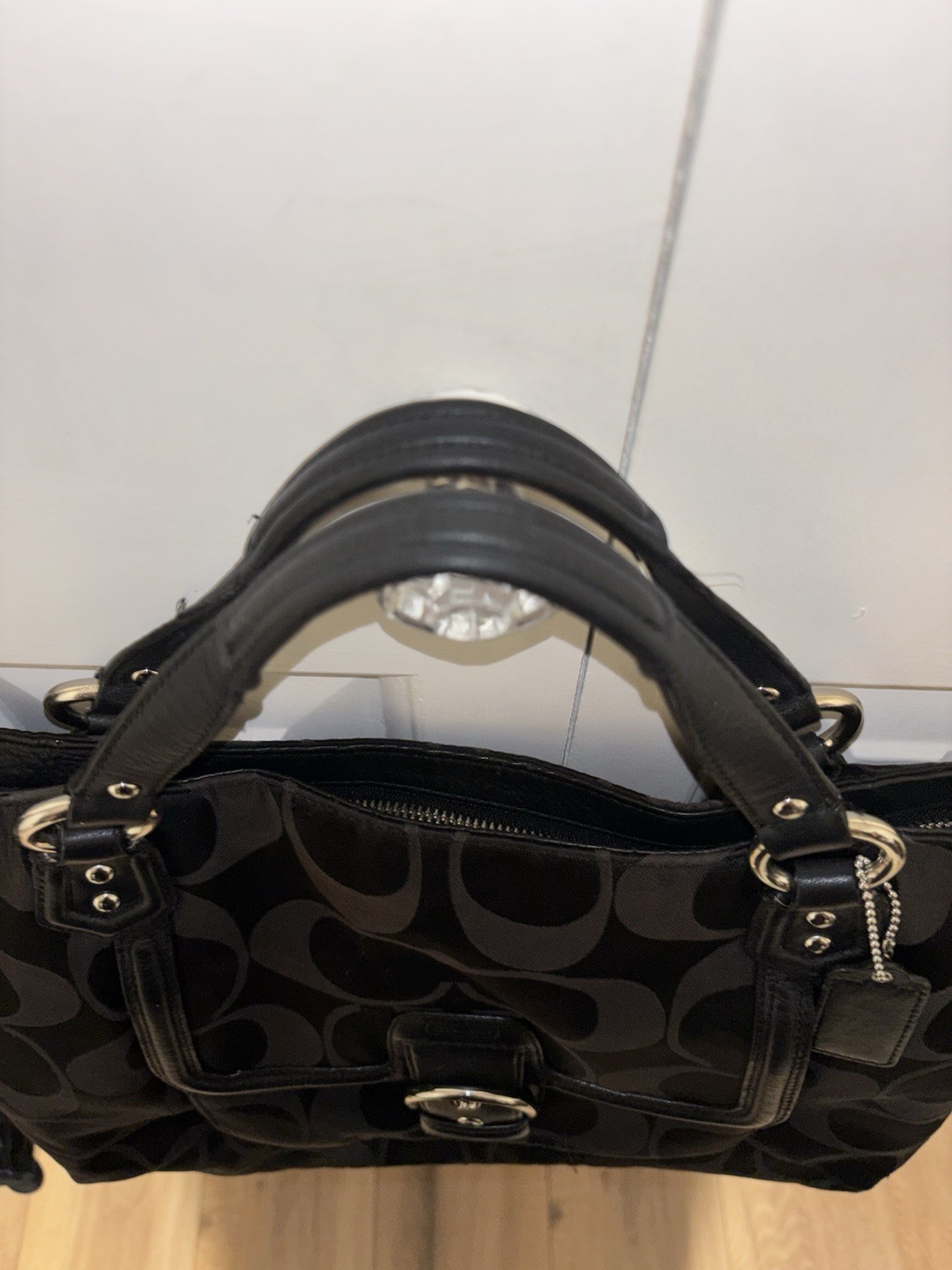 Coach Signature Logo Large Tote Zip Black/Gray, Buckle Pocket, Charm, Silver