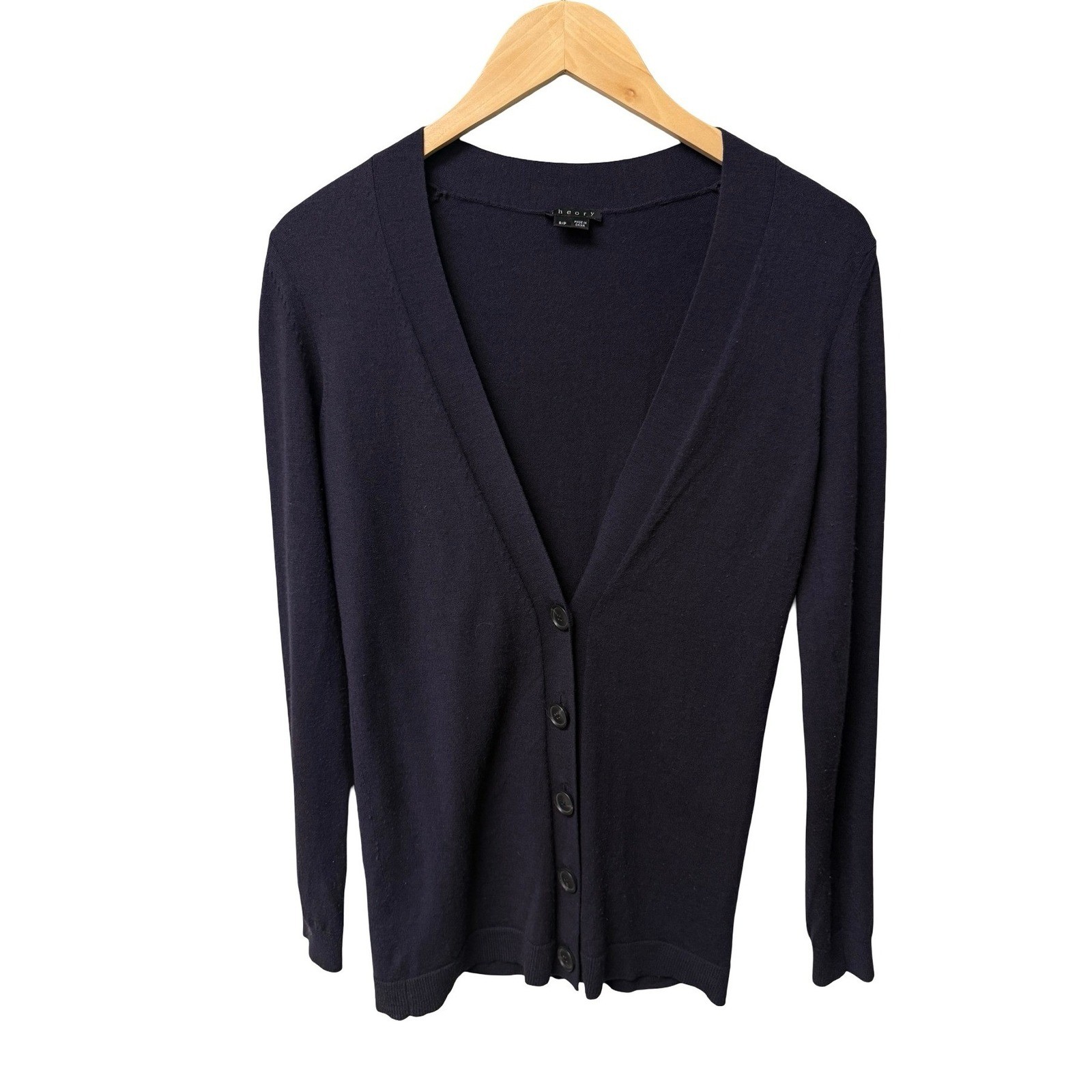 Theory Cardigan Womens S/P Navy Blue Wool Blend Benjamin New Steady V-Neck Soft