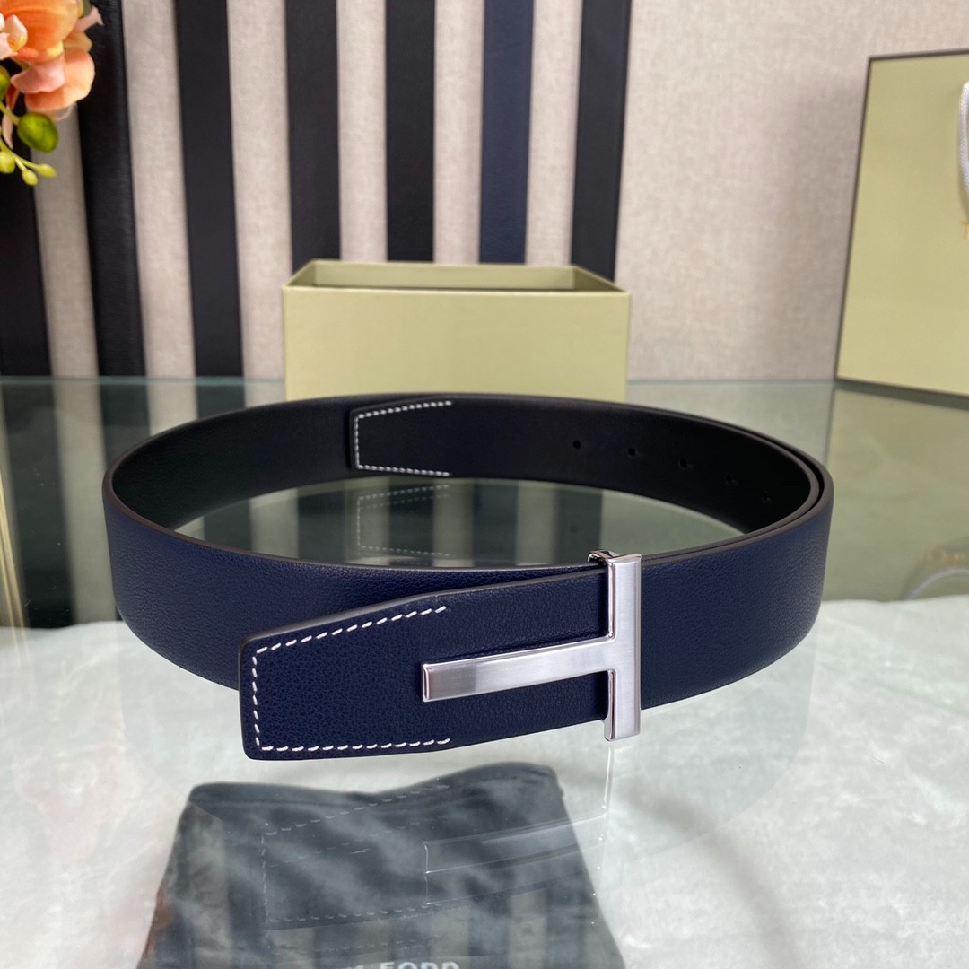 Tom Ford Mens Black/Blue Reversible Leather Belt Simple T Buckle