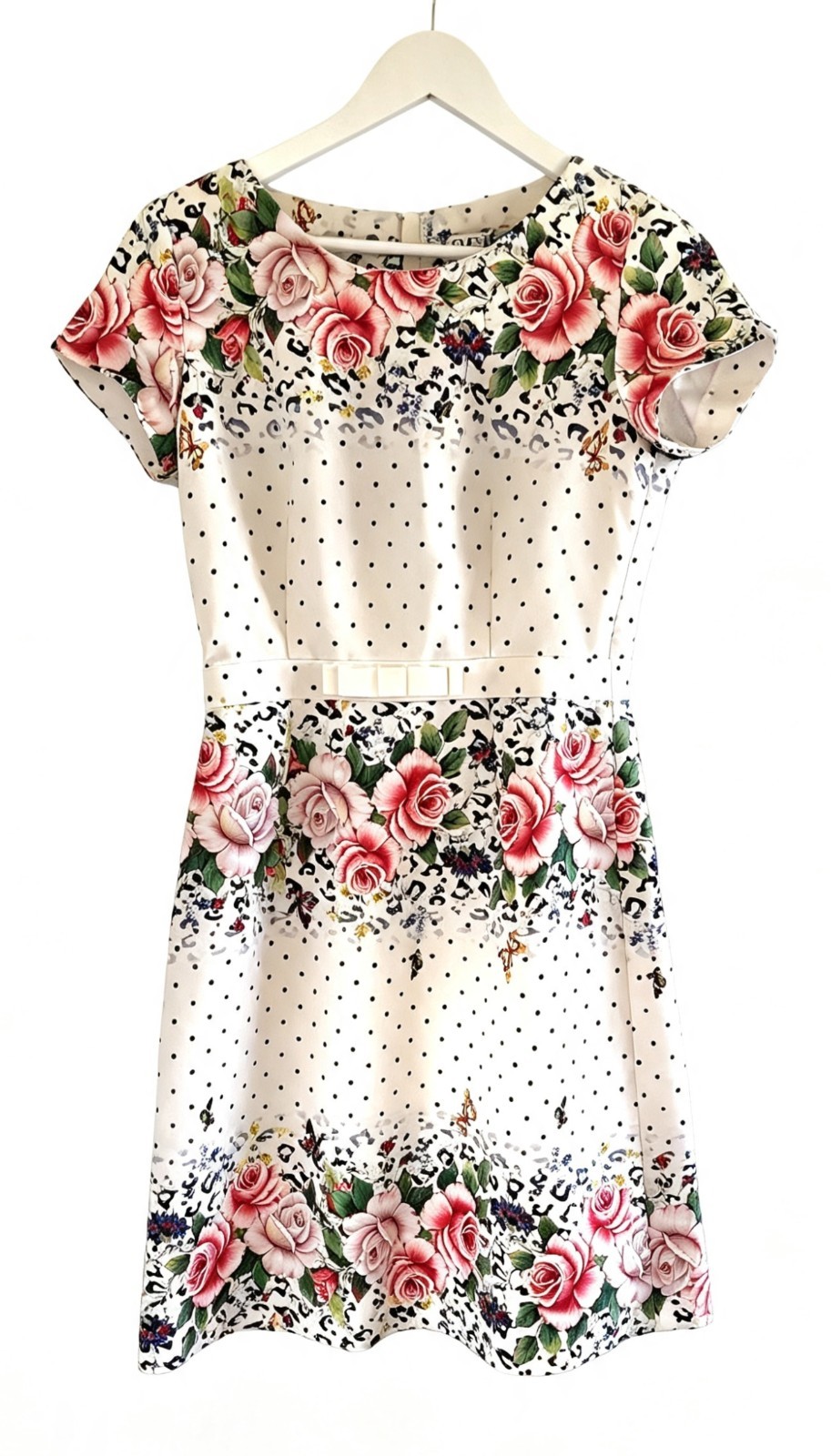 NEM Designer Dress Tag 4 AU 6-8 White Floral Polka Dot Bow Fit Flare Midi Party