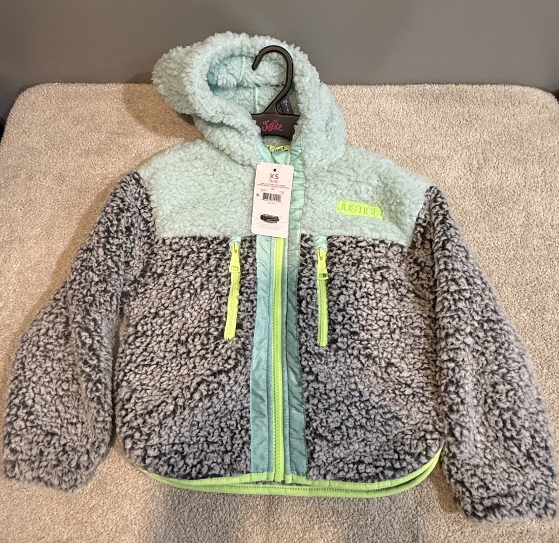 Girls Justice Sherpa Mint/Grey Zip Up Hoodie Size XS 5/6 NWT