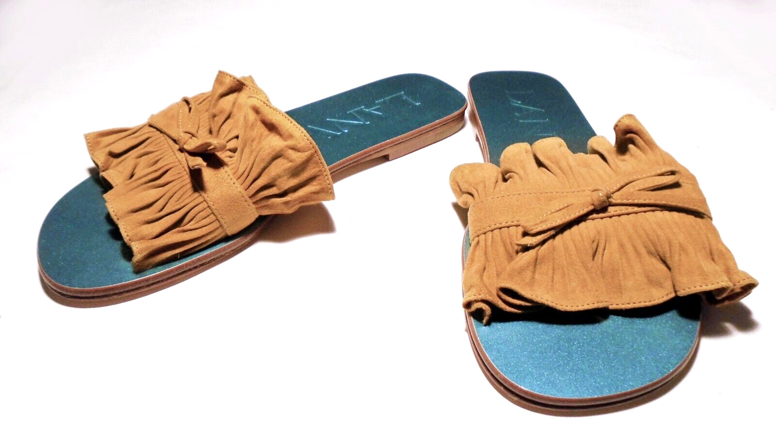 $725 NWT NEW Kipa LANVIN SLIDES/Mules/SHOES Tan SUEDE RUFFLE/Bow Size 36/5.5 US
