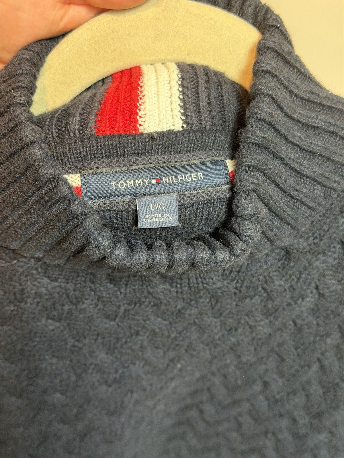 Tommy Hilfiger Mens Large Cable Knit Turtleneck Mock Neck Sweater Navy Stripe