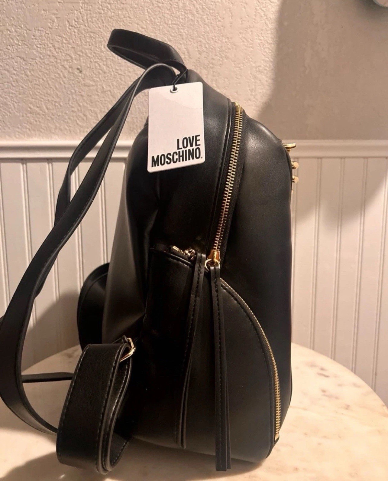 Love Moschino Black Backpack with Gold Heart Chain Borsa PuNero NEW WITH TAG