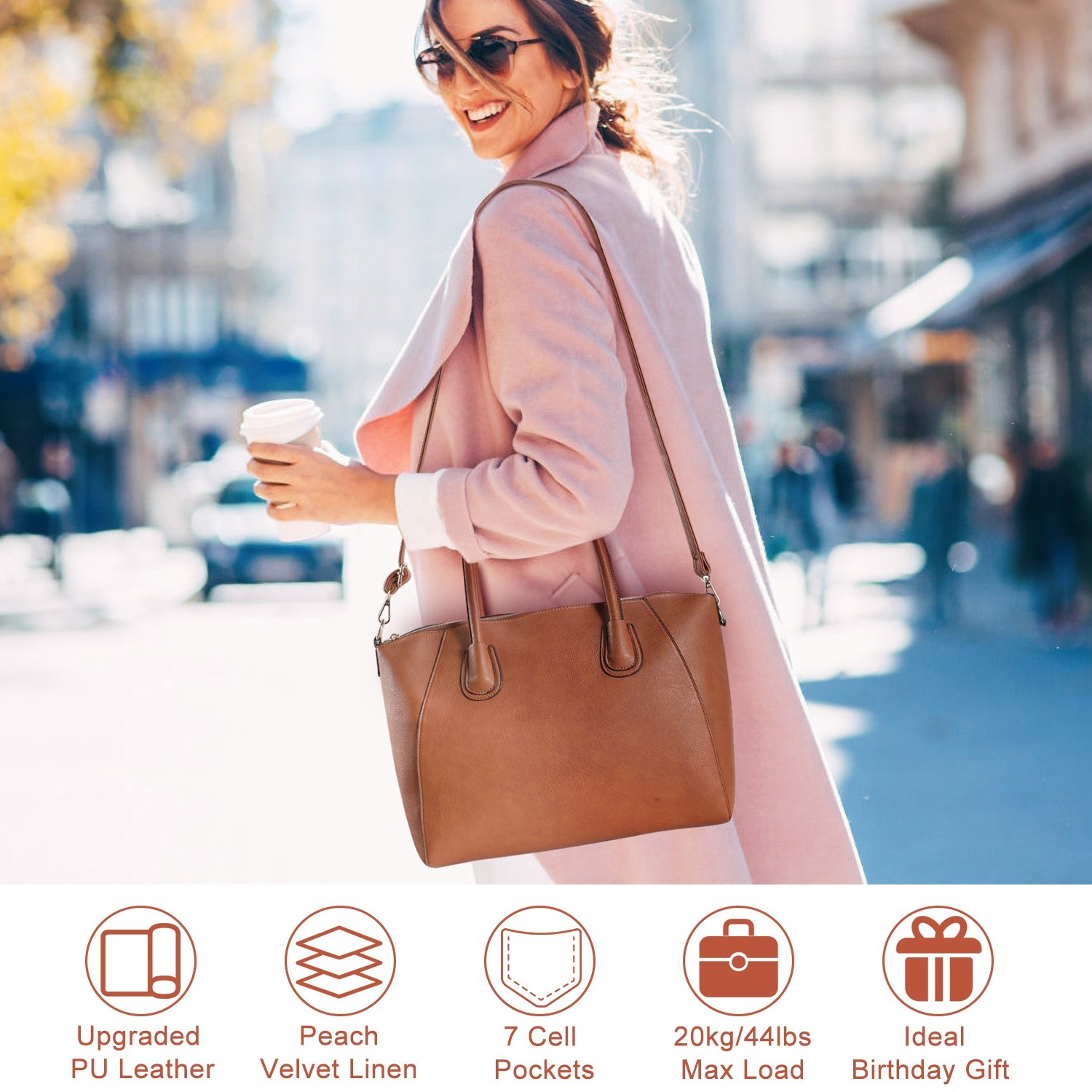 Caramel Brown‌ Handbag Shoulder Bag PU Leather Zipper Tote Bag Satchel for Women