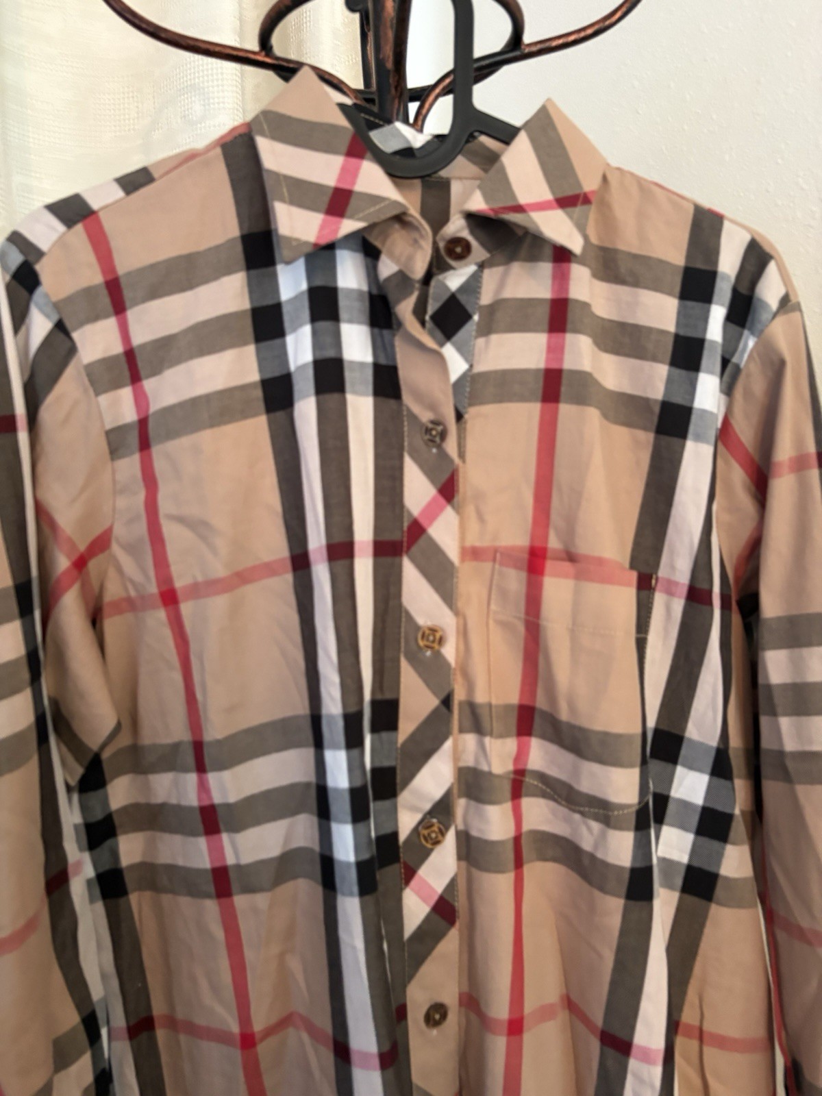 Brand new Checked Long Shirt dress with slit in Beige size medium- Classic Plaid