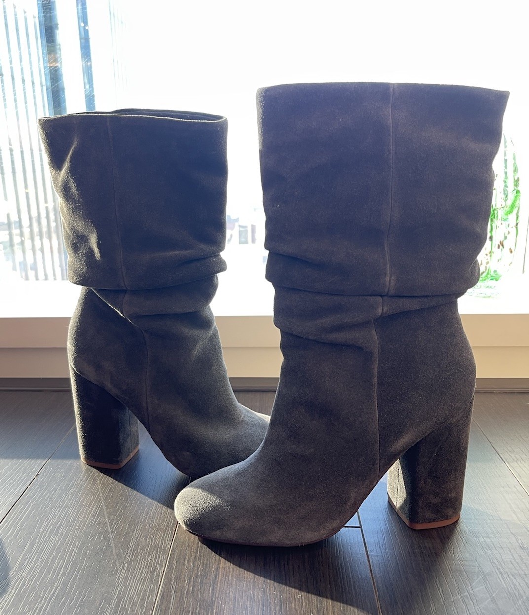 Splendid Phyllis Gray Suede Slouch Mid-Calf Pull-On Block Heel Boots Sz 8.5