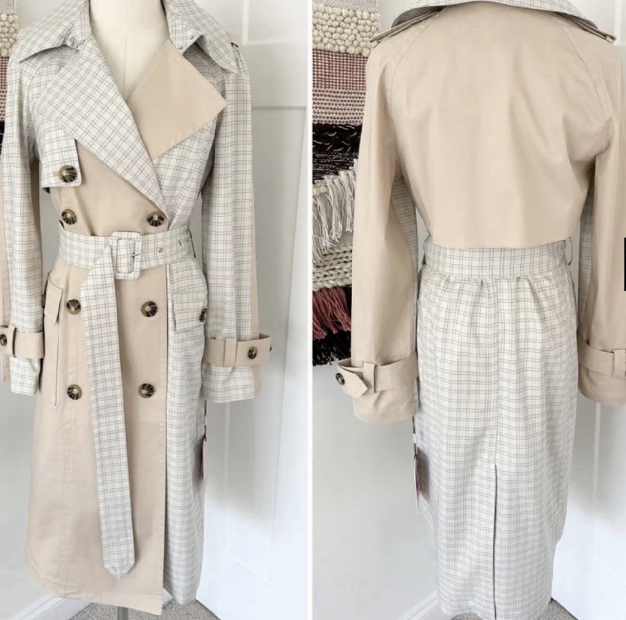 AVEC LES FILLES Women’s mixed Beige & Plaid Double Breasted Trench Coat, Large