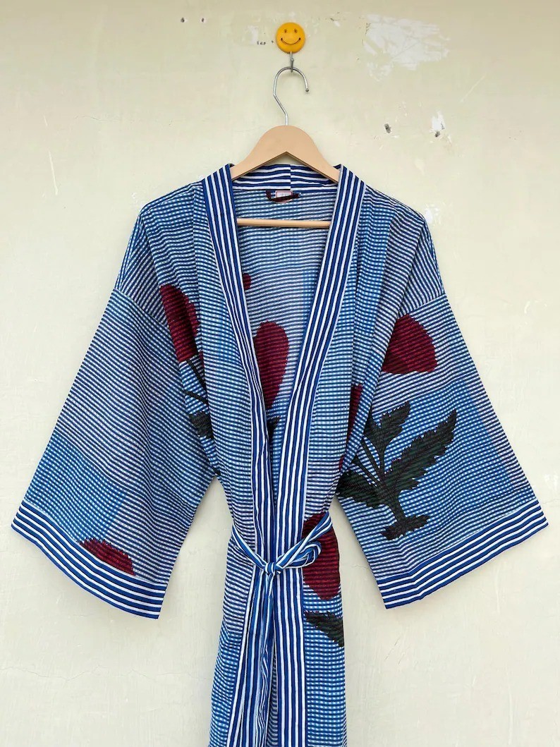 Indian Blue Floral Cotton Robe Short Kimono Sleepwear Night Suit Kimono Robe US
