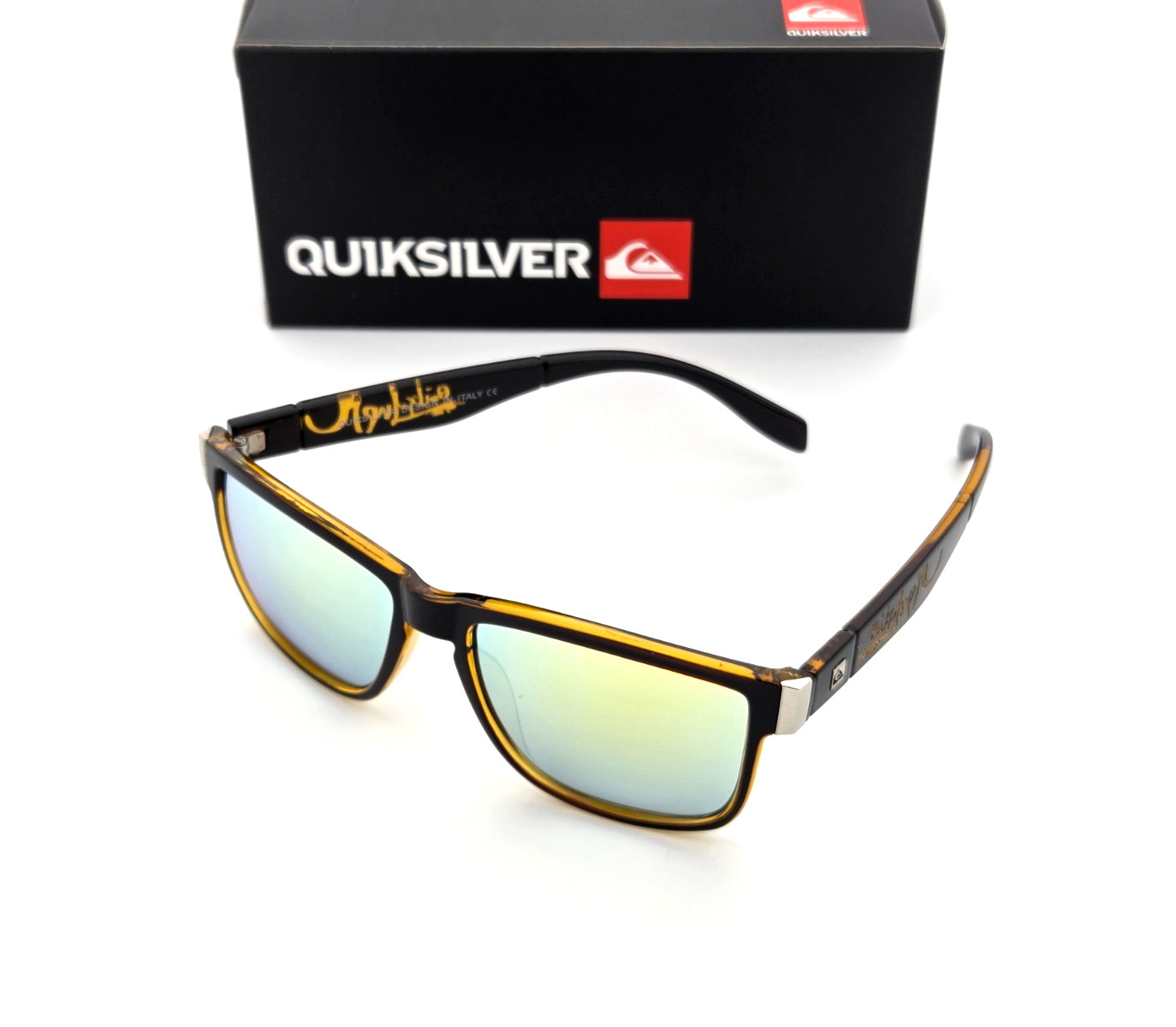Quicksilver Sports Square Sunglasses Black-Yellow Frame Yellow Mirror Lens