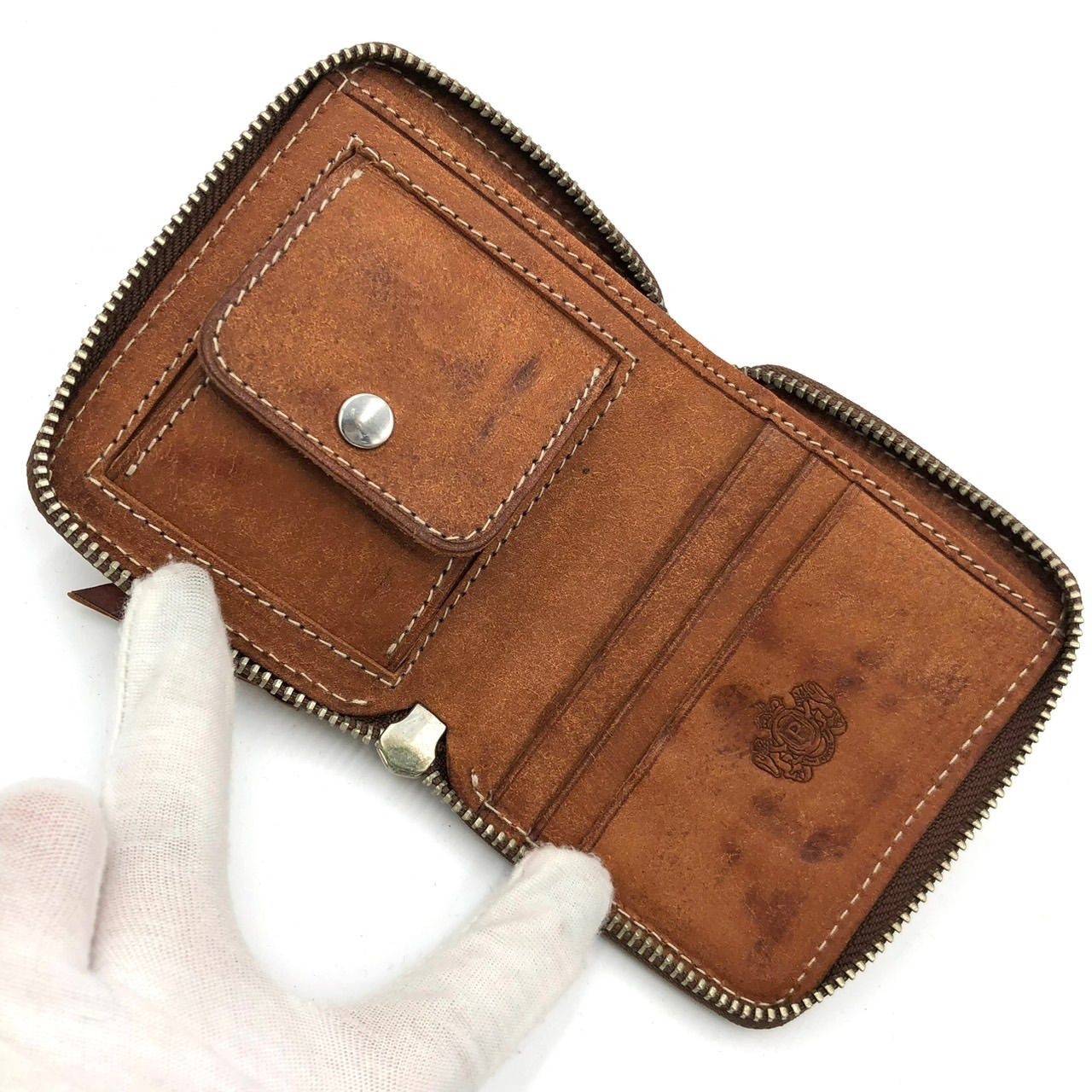Porter Bifold Wallet Leather Brown Used 9x11cm Zipper L-Shaped
