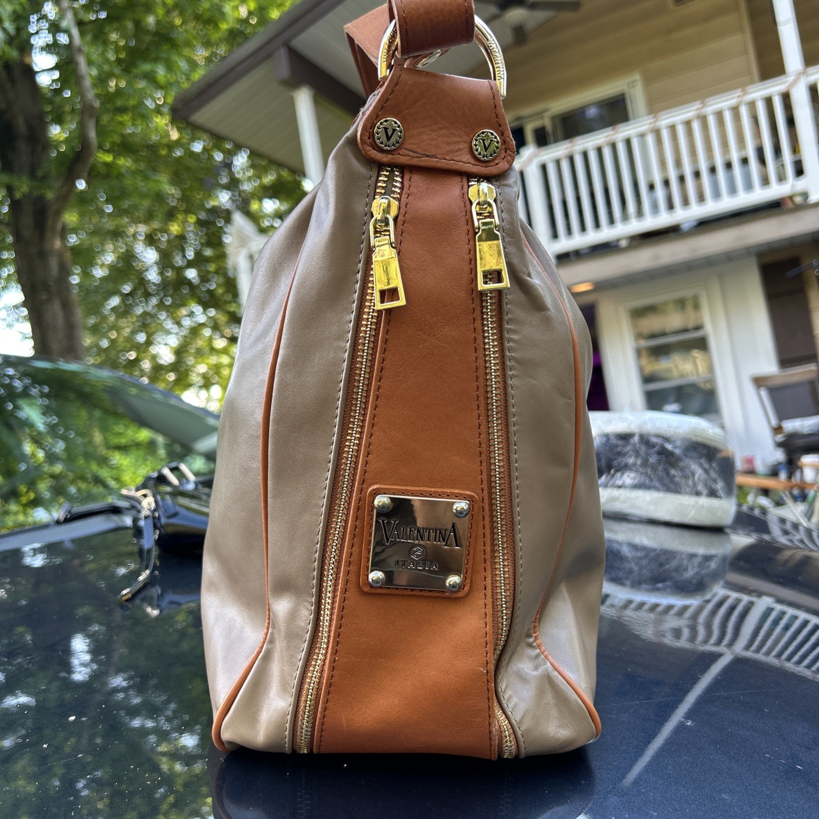 Valentina Large Dual Pocket Shoulder Bag Sling Brown/ Yellow Mustard, Italy