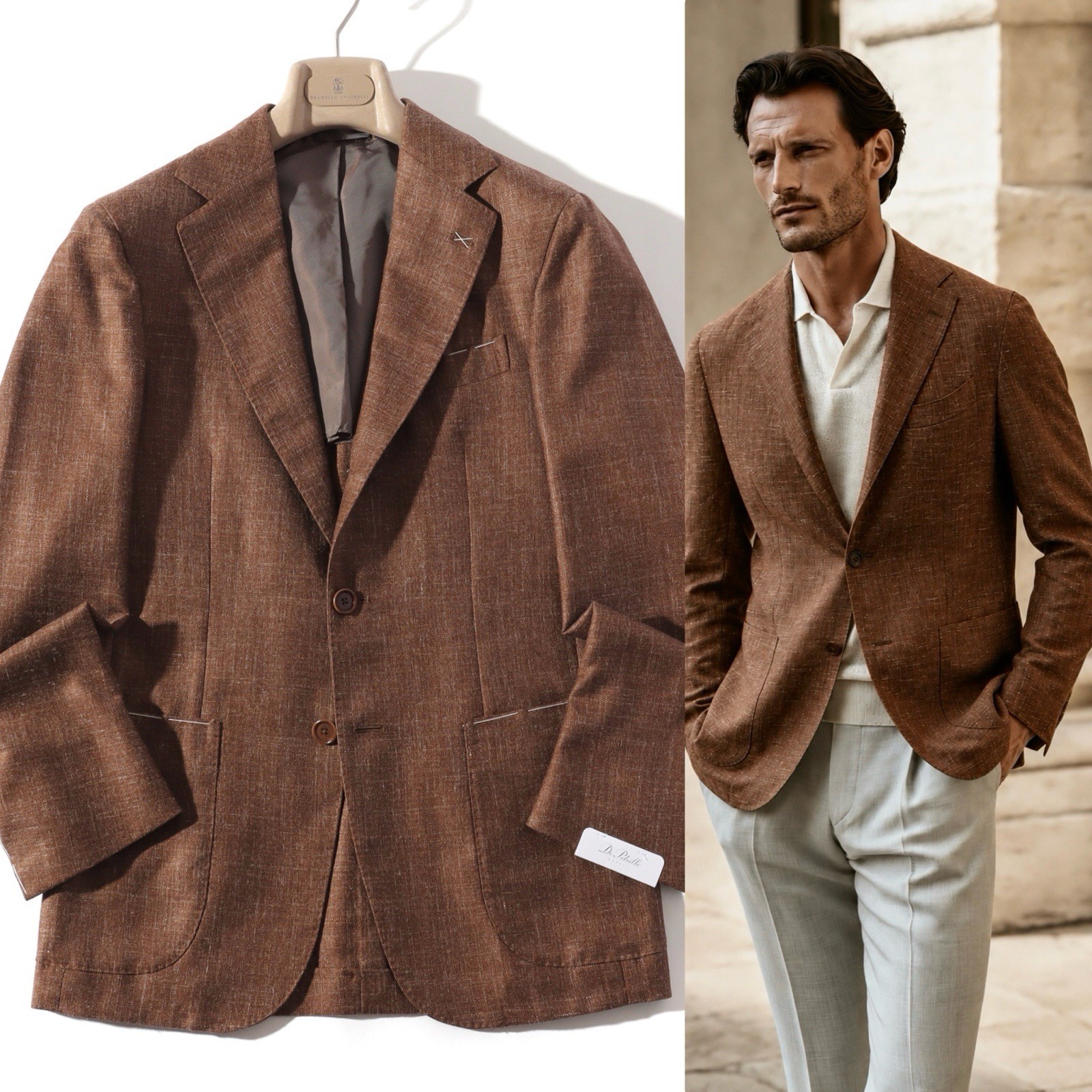 De Petrillo Posillipo Wool Silk Linen Tailored Jacket Brown IT42 Italy