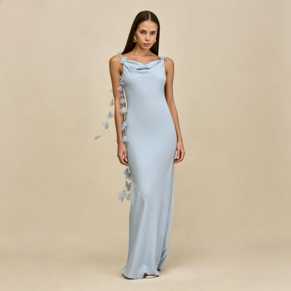 Light Blue Cowl Neck Mermaid Evening Dress 3D Floral Spaghetti Strap Formal Gown