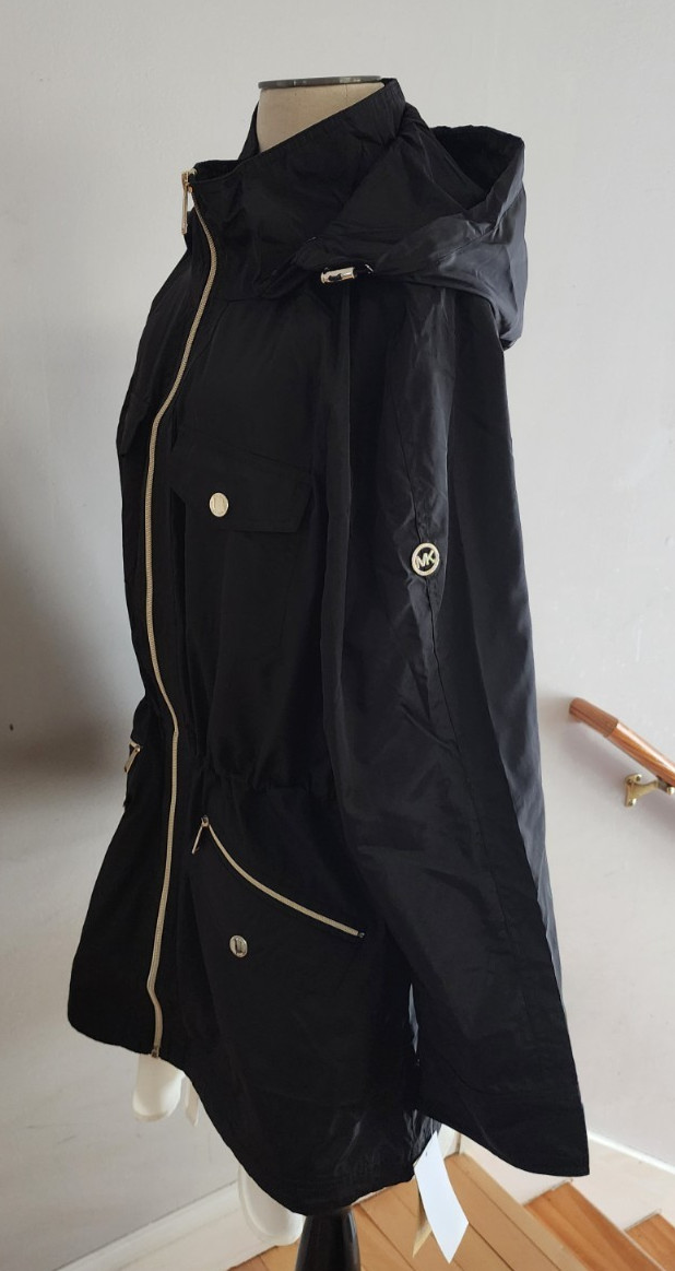 MICHAEL KORS Women’s S, M, L Black Rain Hooded Jacket Parka Anorak Silver Zip