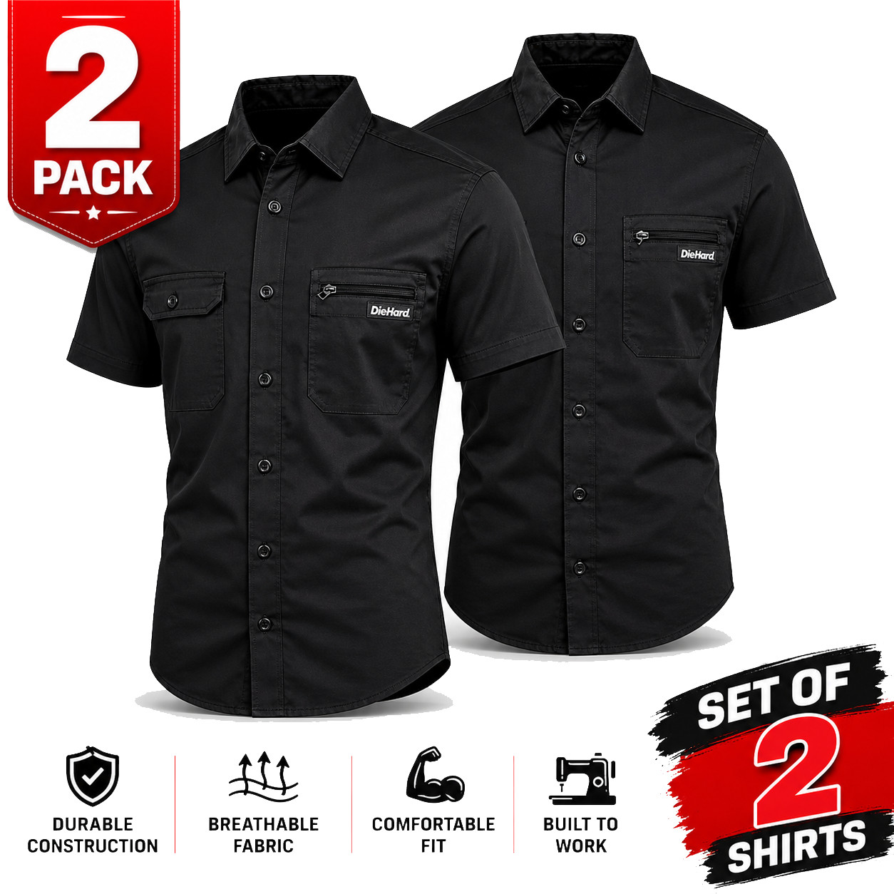 DieHard Men’s Black Onyx Shirt Work Twill Resists Short Sleeve – 2 PACK