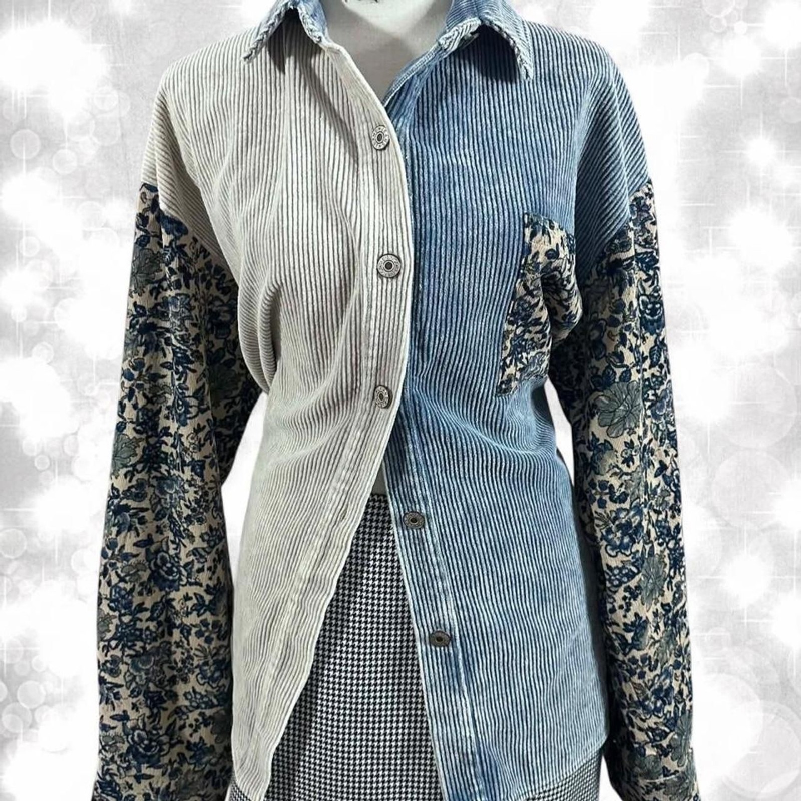 80s Corduroy or Y2K Style Ribbed Panels and Floral Sleeve Heavy Jacket