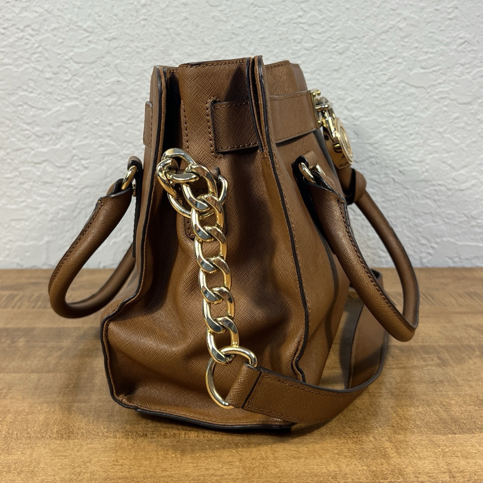 Michael Kors Brown Medium Satchel Top Handle Shoulder Strap Gold Hardware Lock