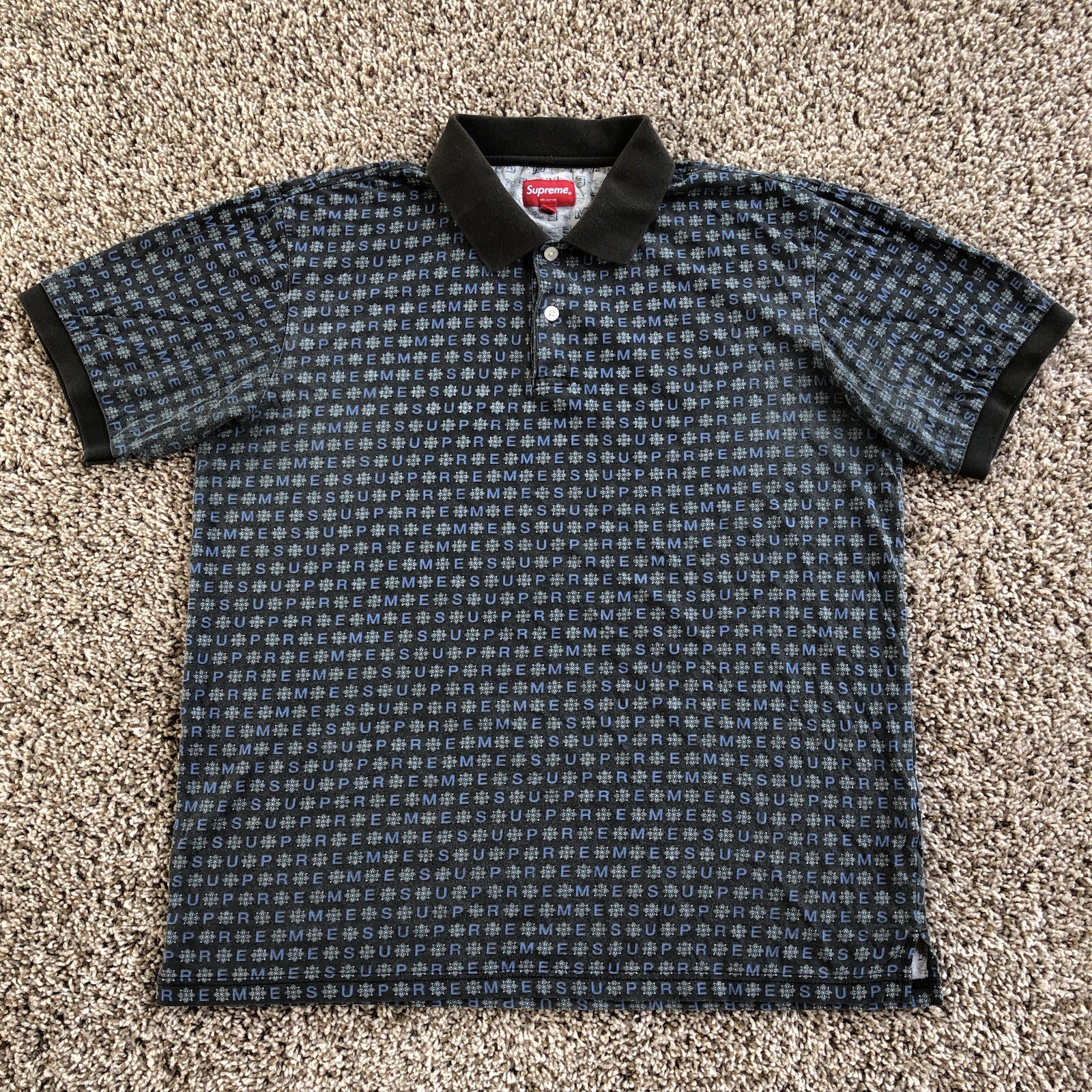 Supreme Foulard Polo Shirt SS19 Mens Size M Monogram Print Collared Cotton Golf