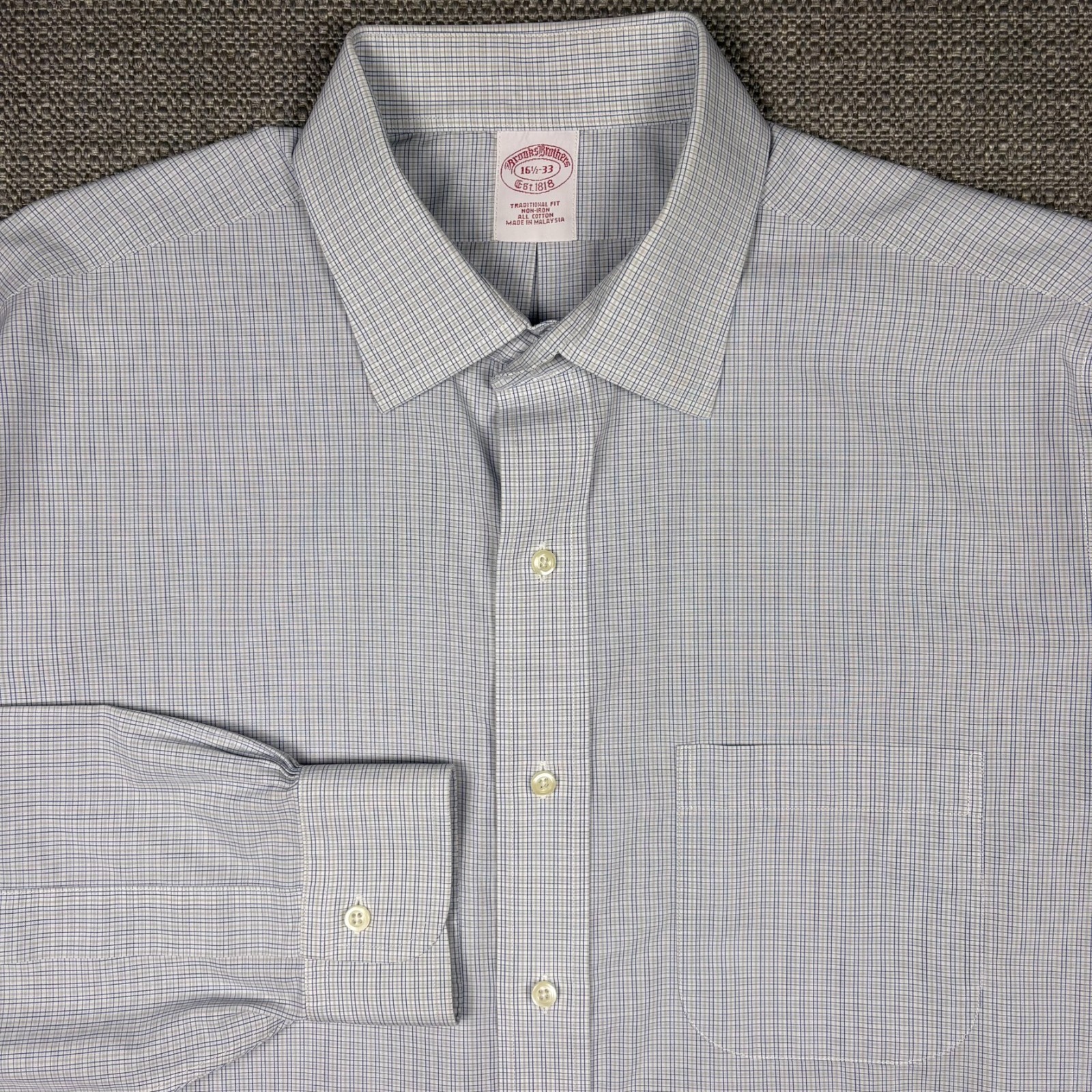 Brooks Brothers Mens Shirt 16.5 16 1/2 33 Long Sleeve Blue White Plaid Cotton