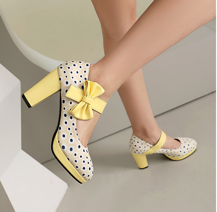 Women’s Bowknot Polka Dot Mary Jane Sweet Dress Party Casual High Heels OL Shoes